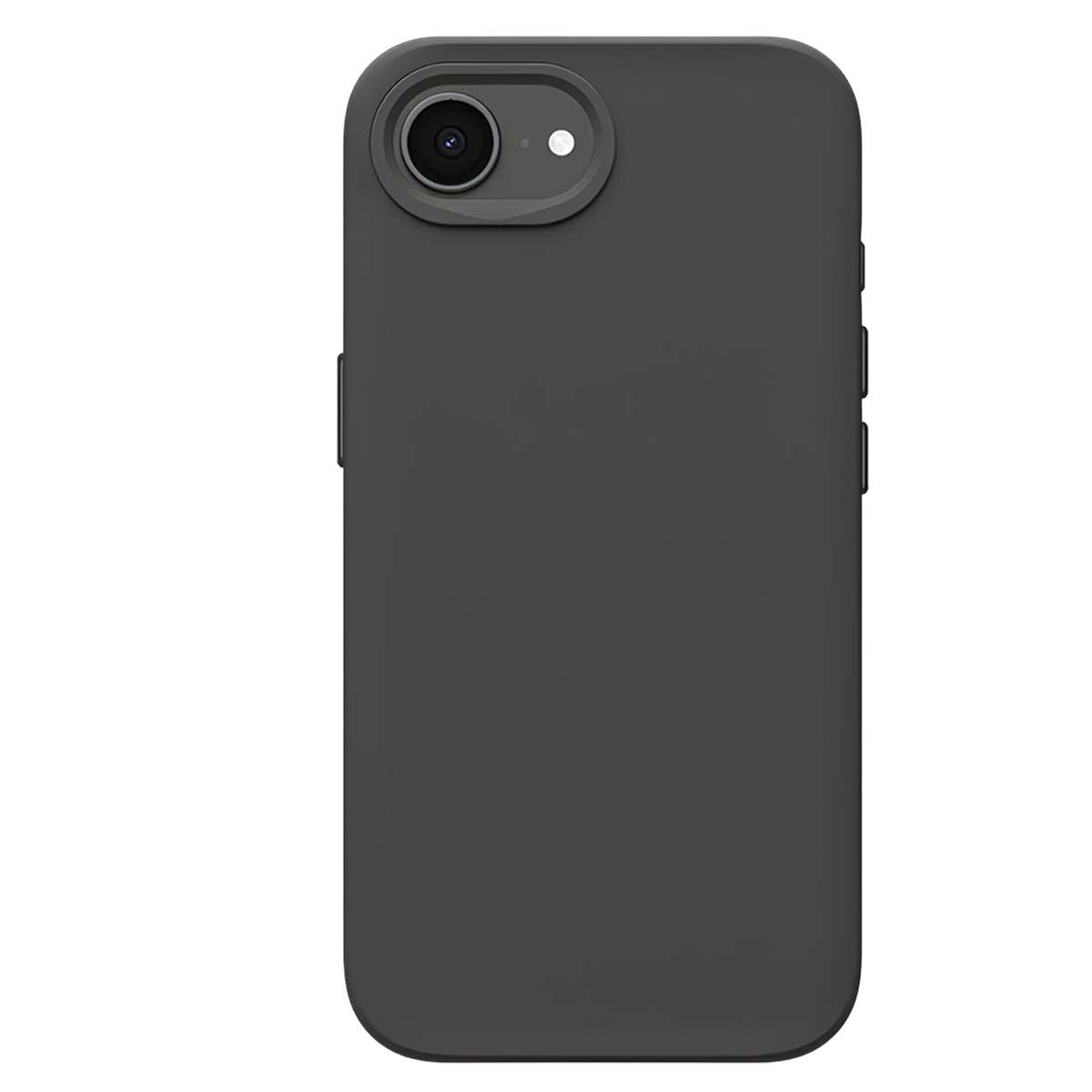 Una custodia per telefono grigio scuro, con fotocamera e flash in alto. La custodia ha angoli arrotondati e pulsanti laterali.