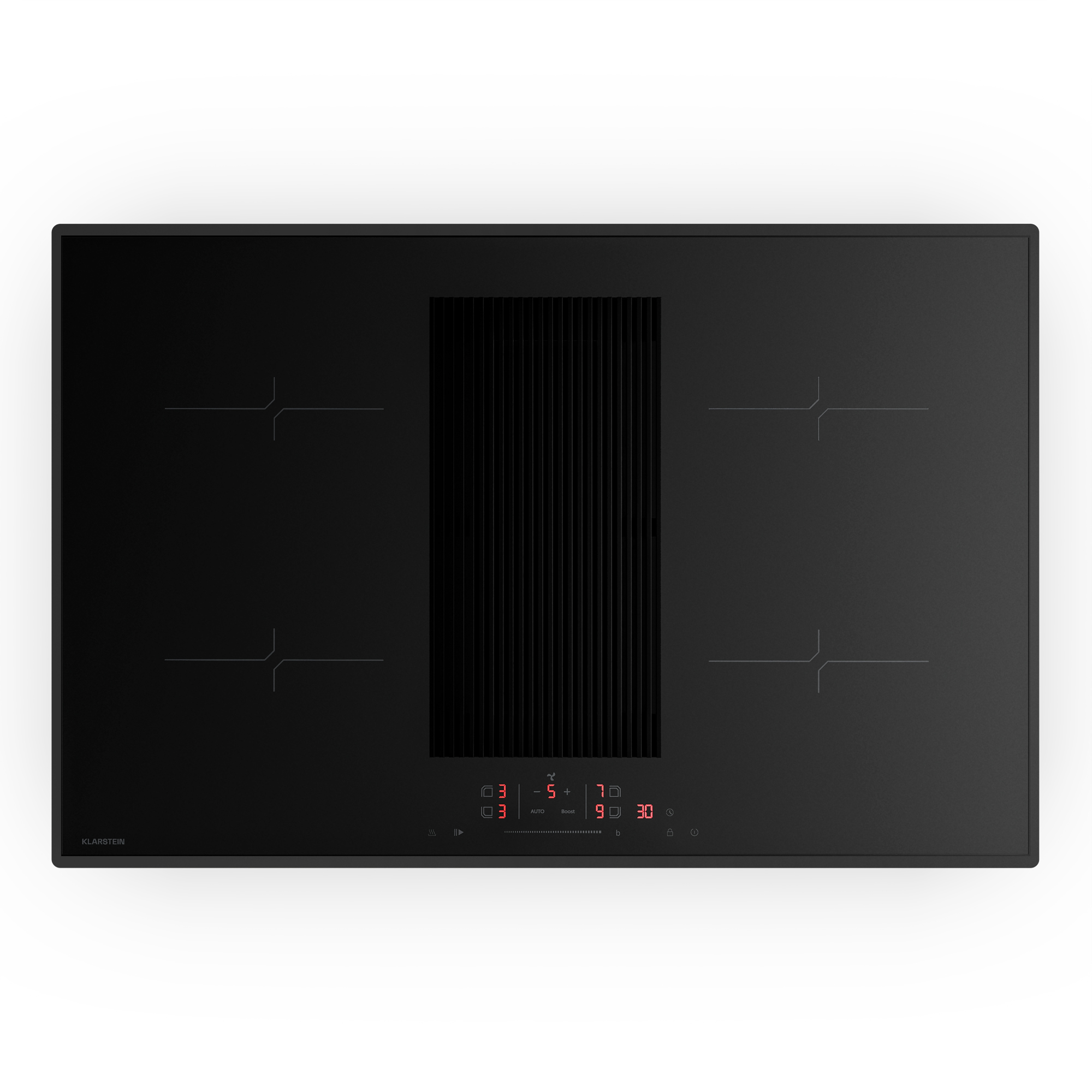 Piano cottura a induzione nero con cappa integrata. Quattro zone cottura con linee indicatrici. Display digitale con numeri rossi.