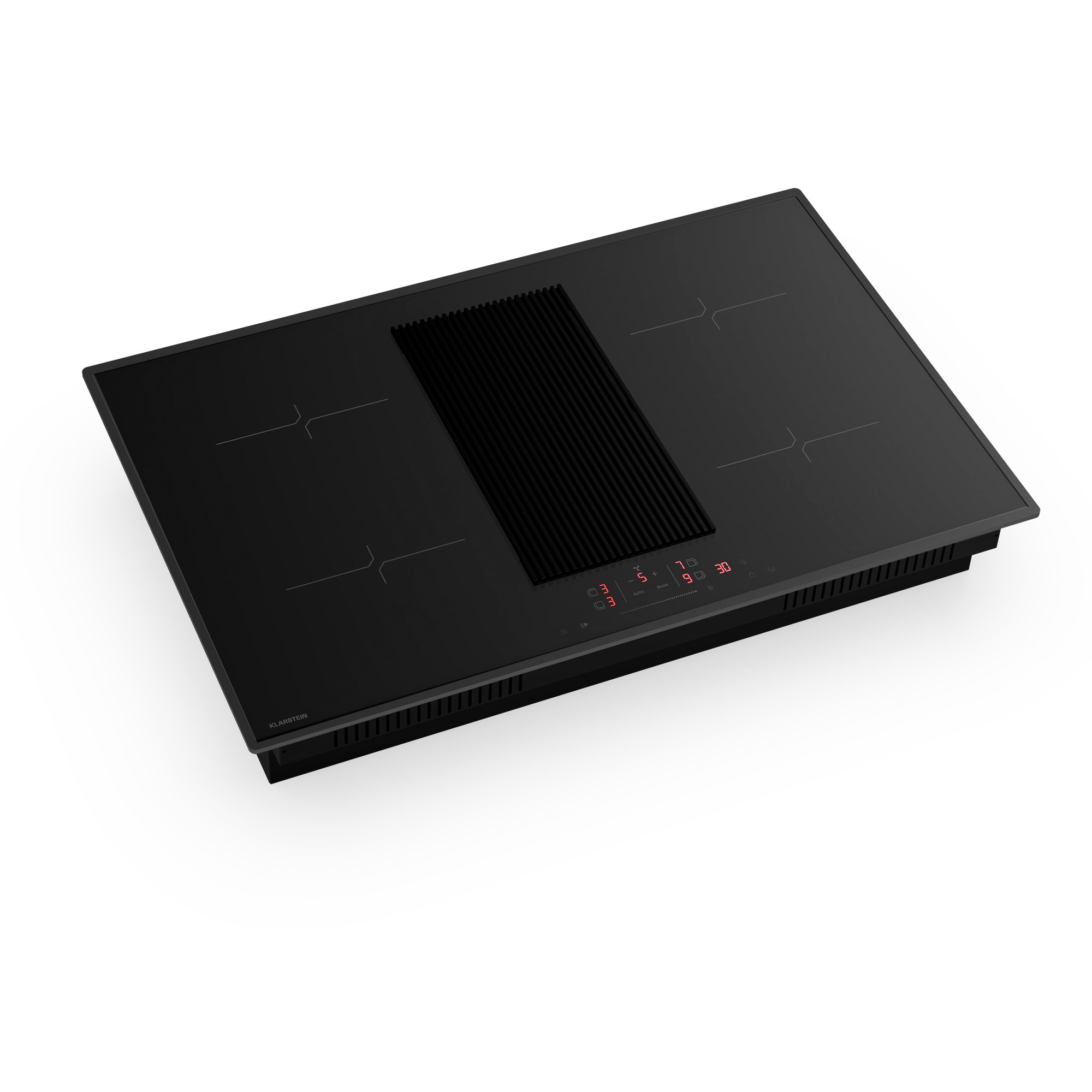 Piano cottura a induzione nero con cappa integrata. Con comandi touch e display digitale rosso.