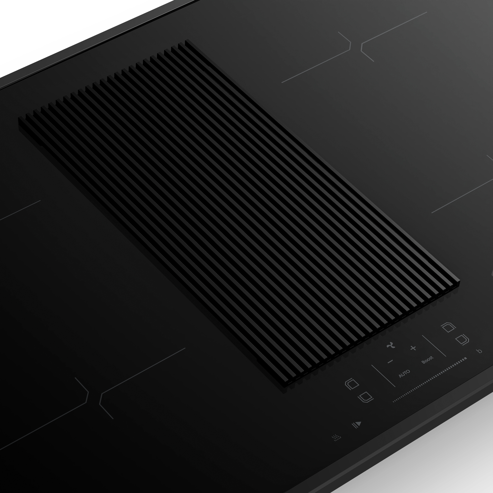 Primo piano di un piano cottura a induzione nero con ventola integrata. Comandi touch e griglia di ventilazione visibili.