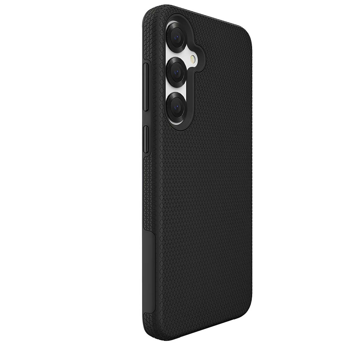 Una custodia nera per telefono con superficie strutturata e tre lenti per fotocamera. La custodia è angolata.
