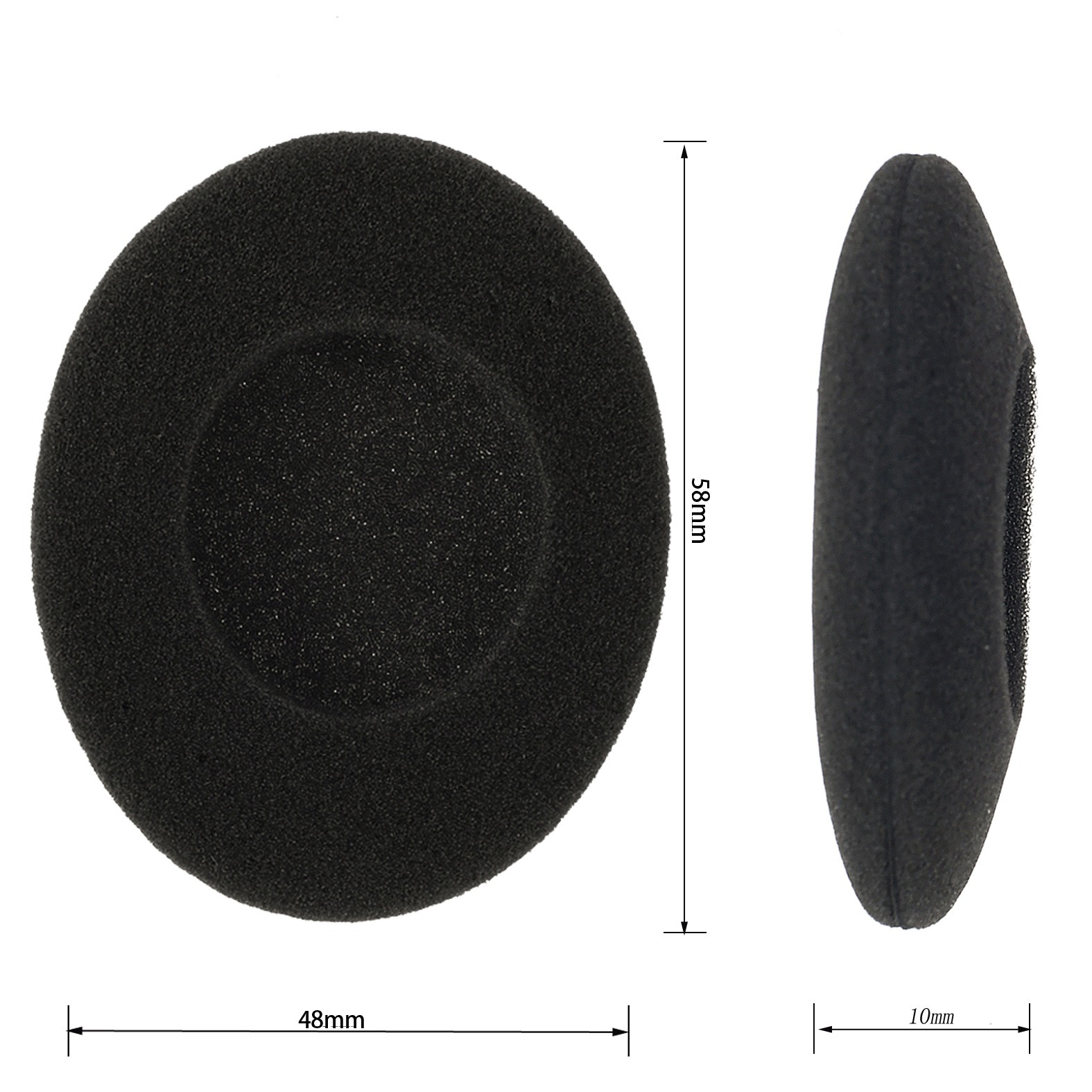 Zwei schwarze Kopfhörerkissen mit Maßangaben. Eines ist 48 mm breit, 58 mm hoch und 10 mm dick.