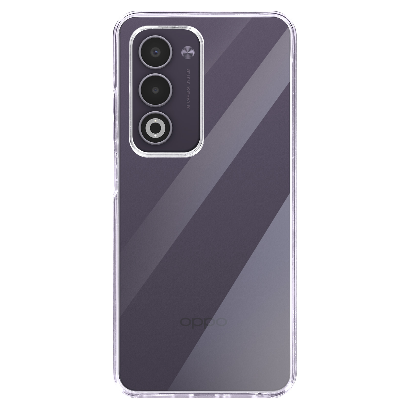 Un téléphone dans une coque transparente. Le téléphone a trois caméras. La coque a un design dégradé gris.