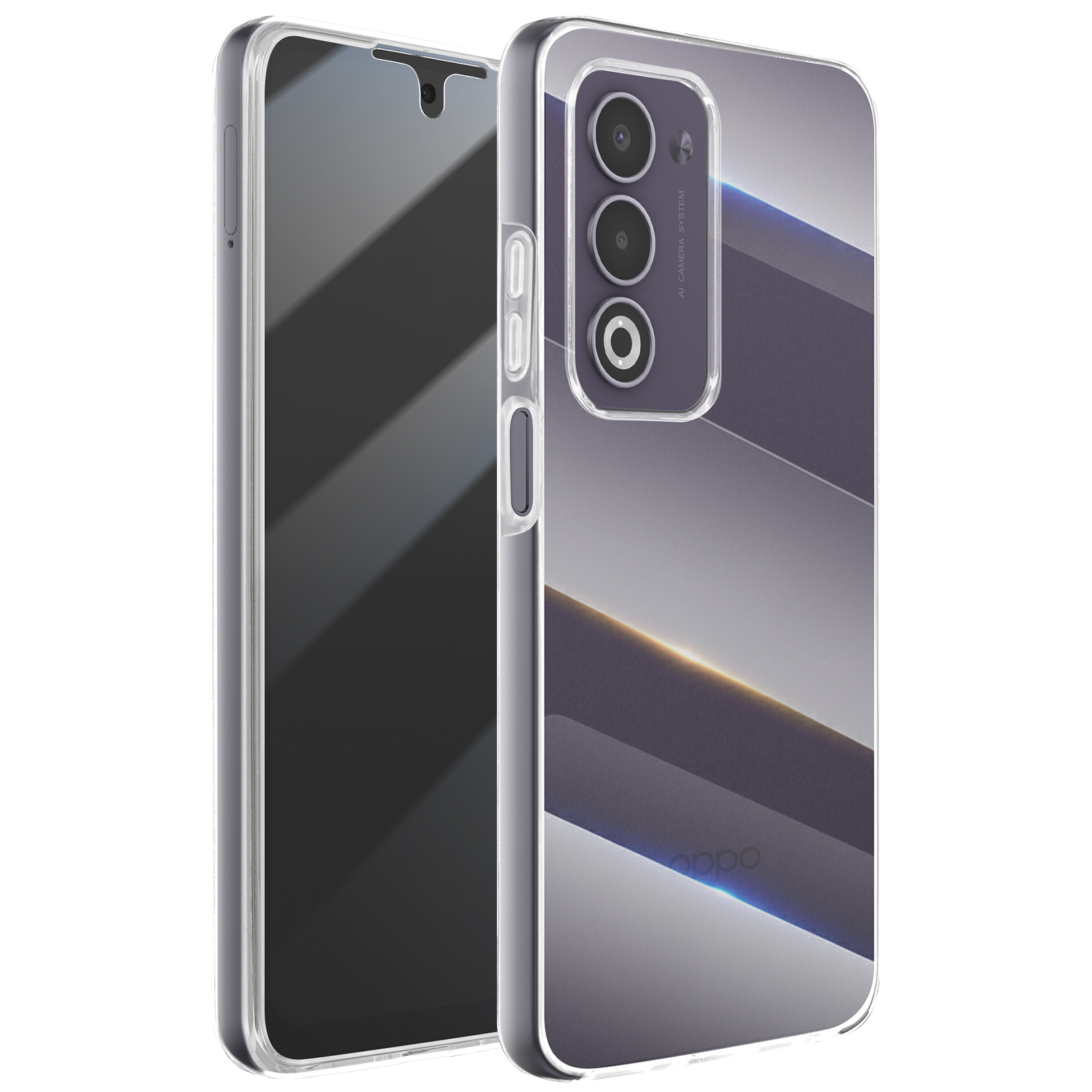 Smartphone avec coque transparente, écran noir et trois caméras arrière. L'étui a un design gris.