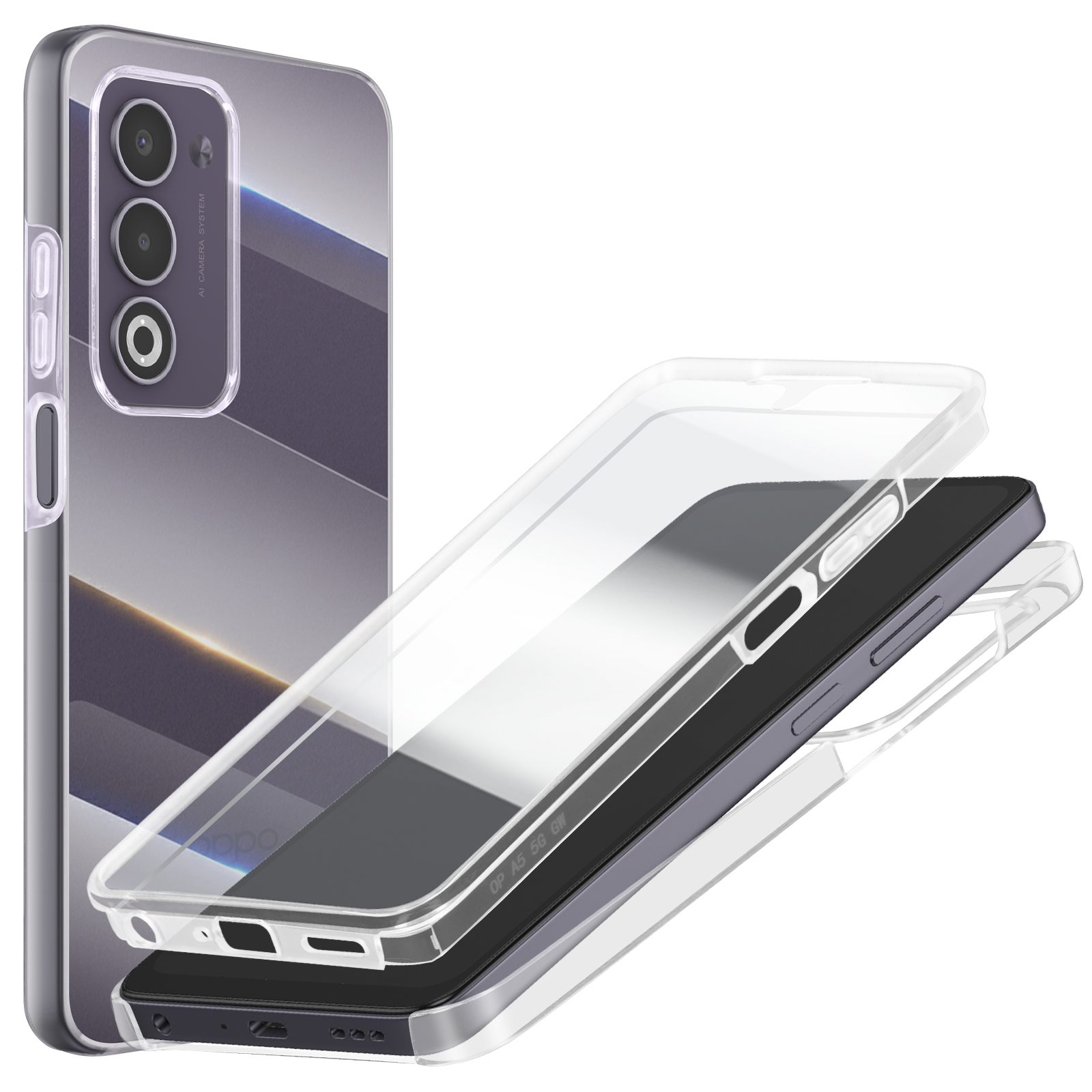 Un téléphone dans une coque transparente. La coque est en cours de retrait, révélant l'arrière du téléphone et le triple appareil photo.