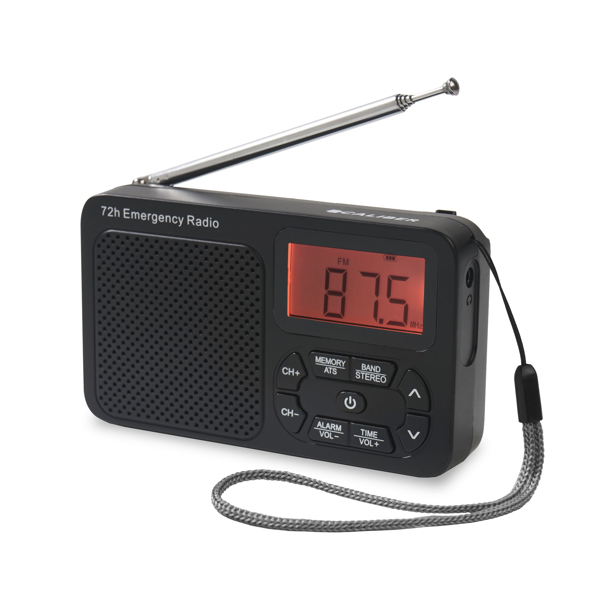 A black emergency radio with a red display showing 87.5 MHz. It has an antenna and a gray strap.