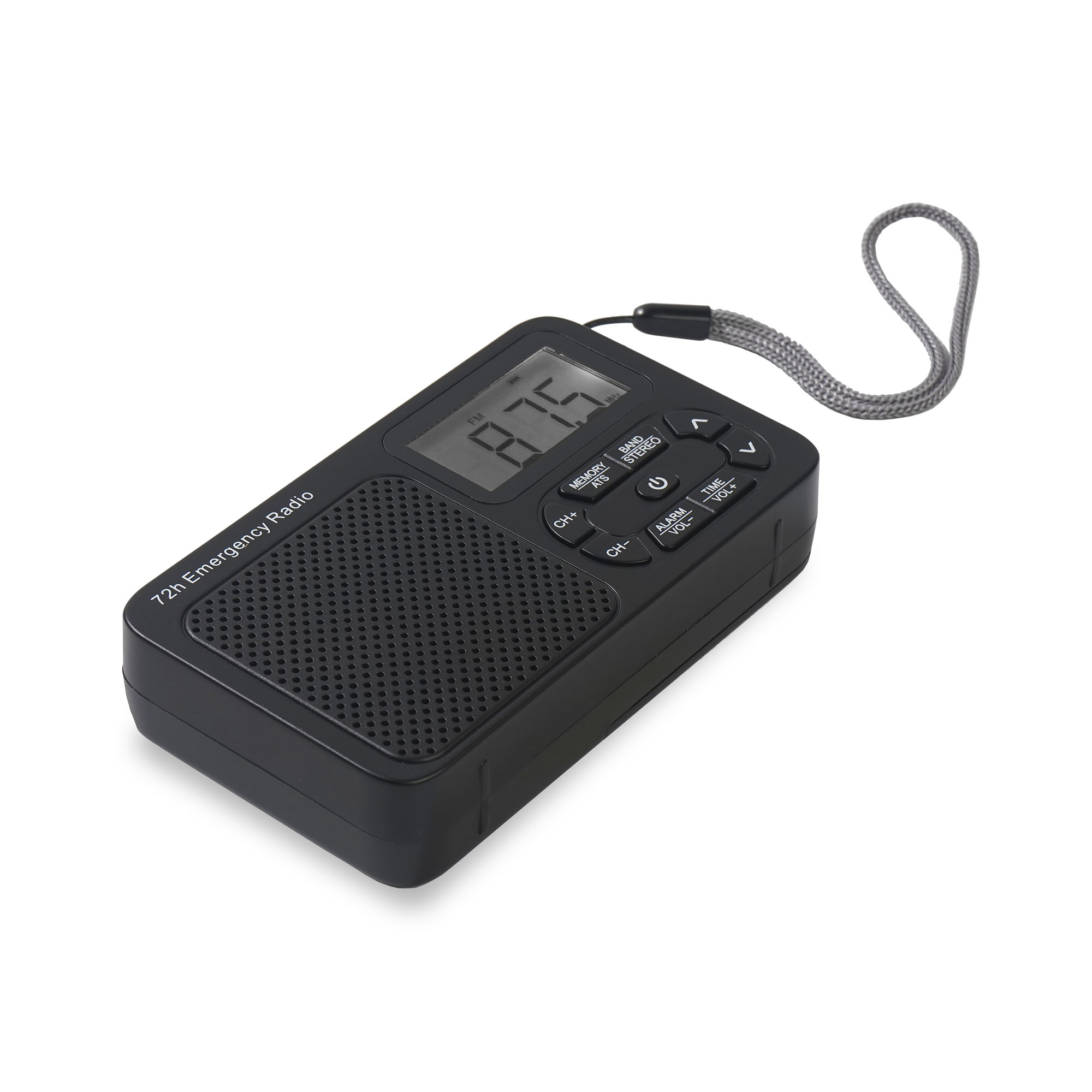 Black emergency radio with a screen displaying 87.5. It has buttons and a grey strap. The background is white.