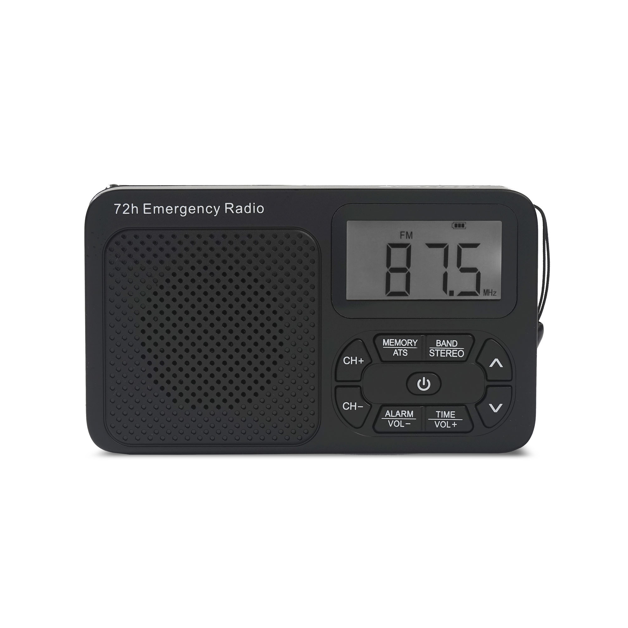 Black 72h Emergency Radio. Display shows 87.5 MHz. Buttons include: CH+, CH-, Memory, Band, Alarm, Time, and power.