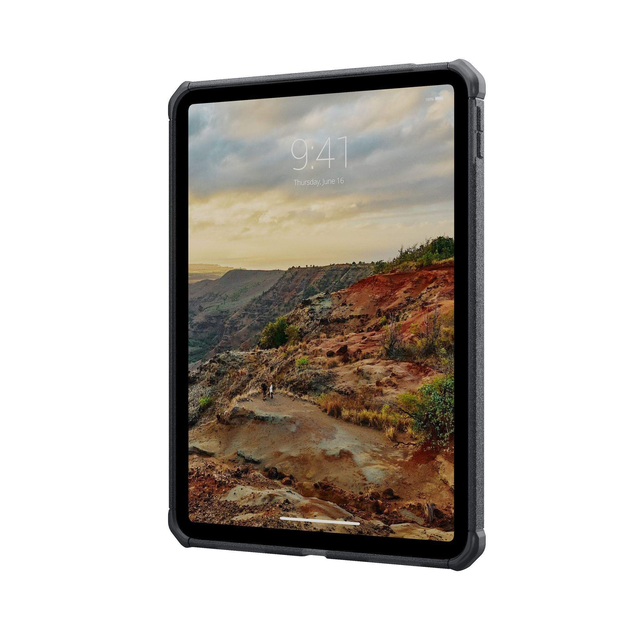 Tablet wyświetla widok kanionu. Tablet jest w czarnym etui. Czas to 9:41, czwartek, 16 czerwca.