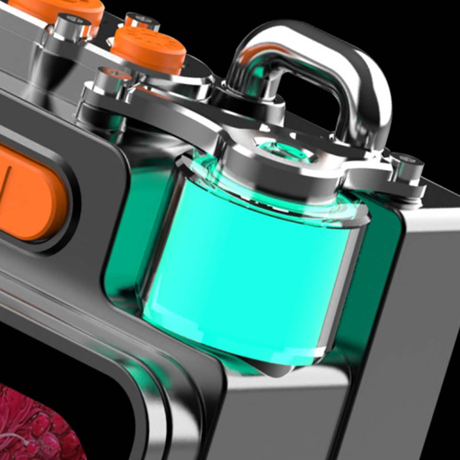 Nahaufnahme eines metallischen Geräts mit orangefarbenen Knöpfen und einem türkis leuchtenden Zylinder. Glänzende Metallelemente und ein schwarzer Hintergrund.