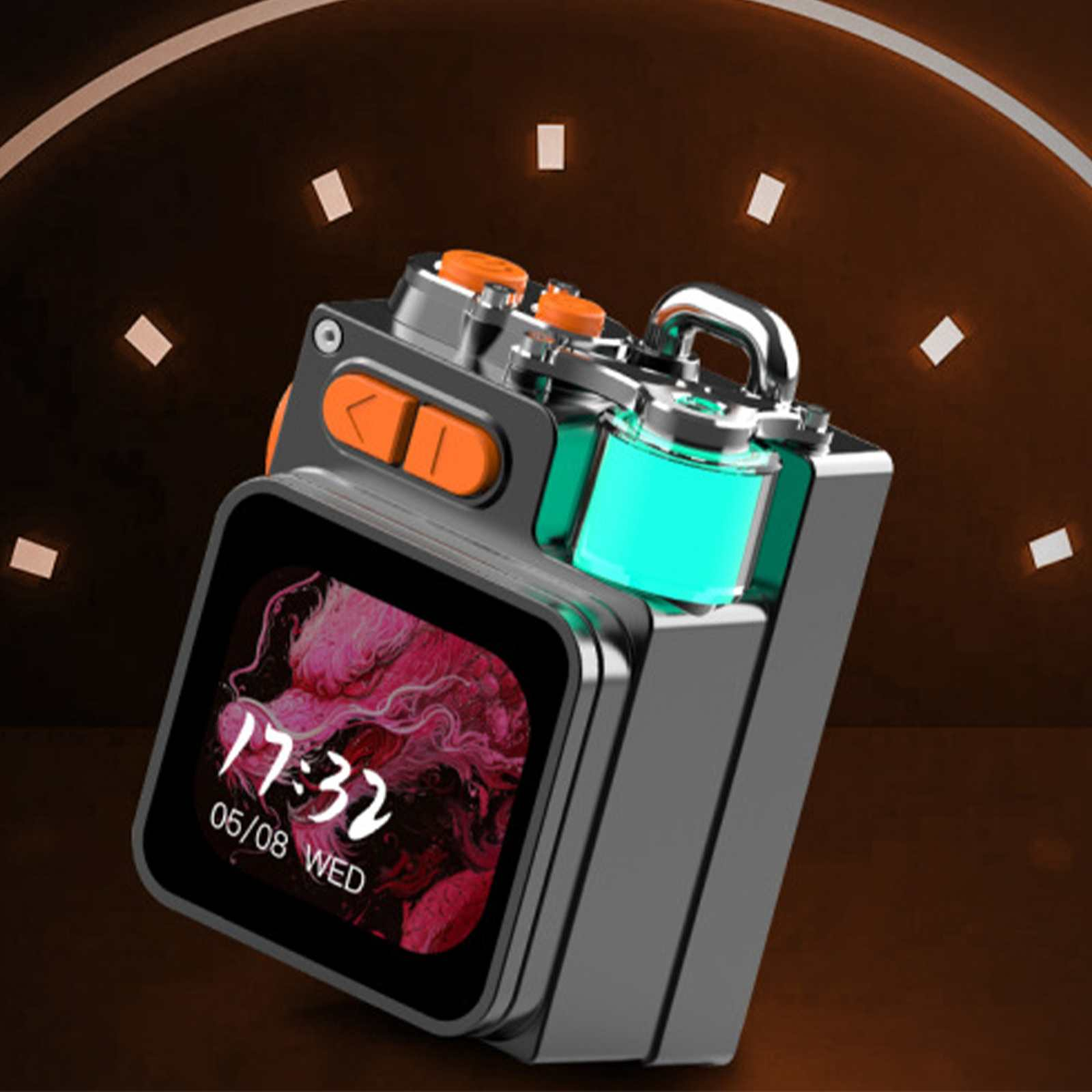 Eine futuristische Smartwatch mit digitaler Anzeige von Uhrzeit und Datum. Sie hat orangefarbene Knöpfe und ein türkisfarbenes Licht.