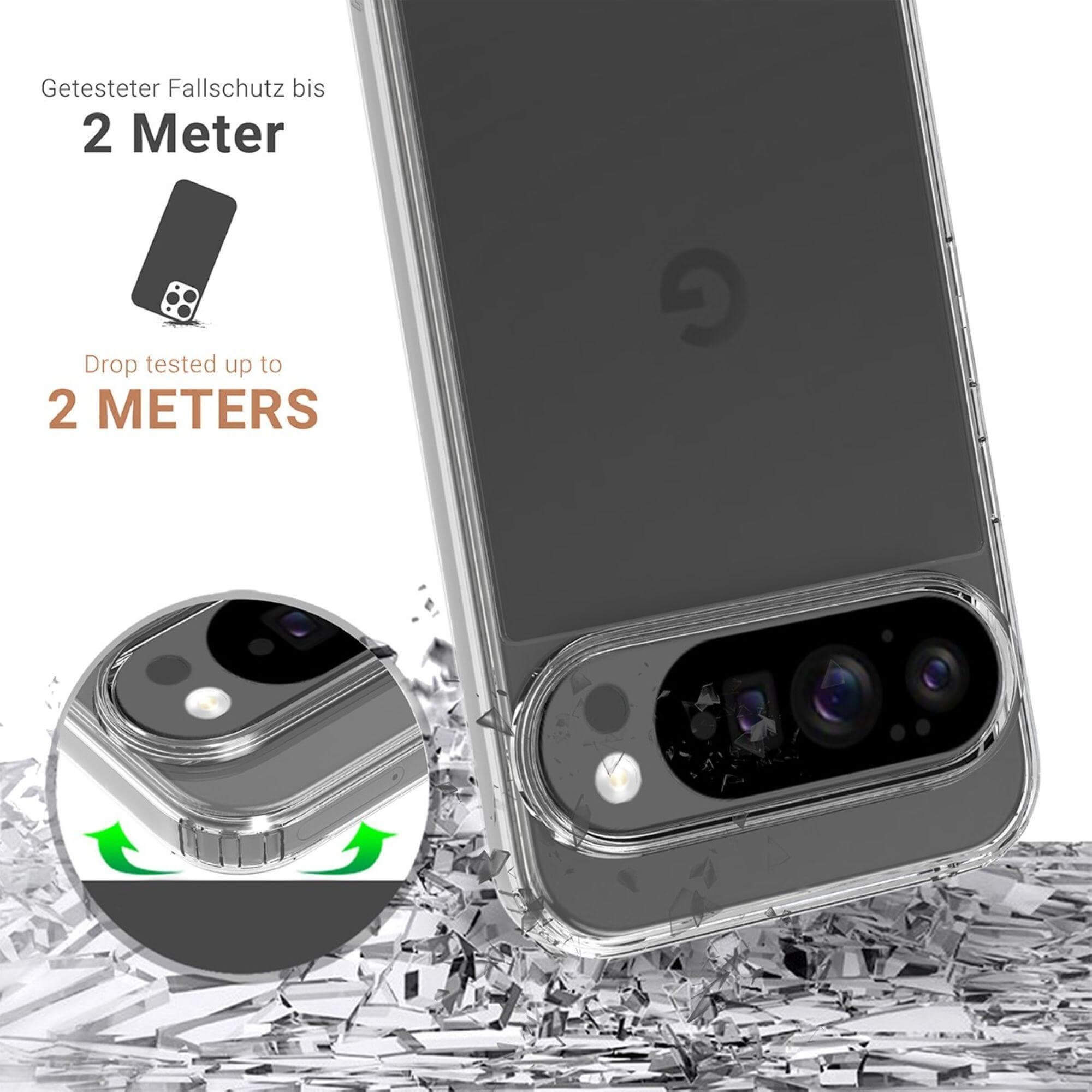 Handyhülle mit Telefon darin. Die Hülle ist durchsichtig. Das Telefon ist von zerbrochenem Glas umgeben.