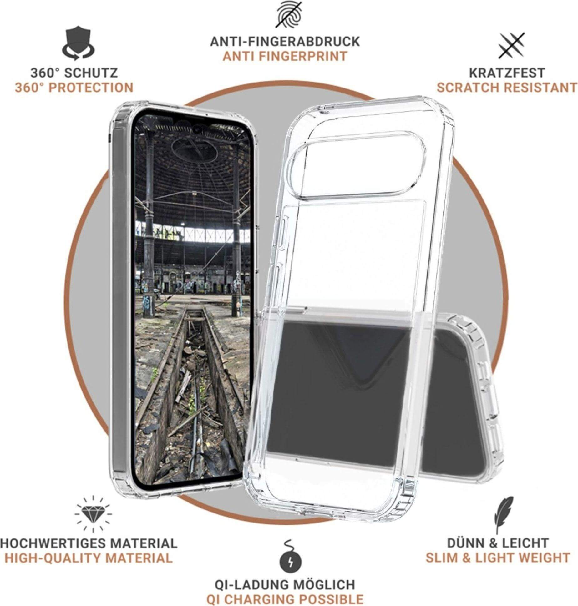 Transparente Handyhülle mit Handy, zeigt altes Gebäude. Text: Anti-Fingerabdruck, kratzfest.
