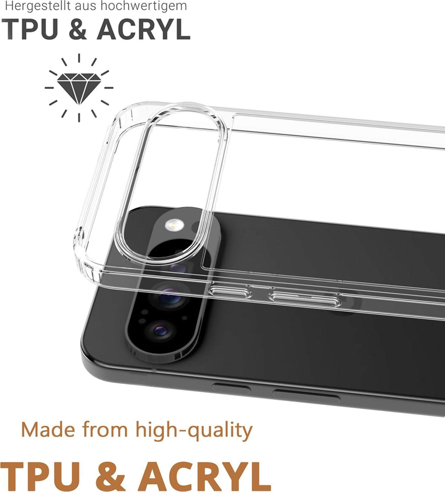 Eine transparente Handyhülle über einem schwarzen Telefon. Text lautet TPU & ACRYL. Diamanten-Symbol oben.