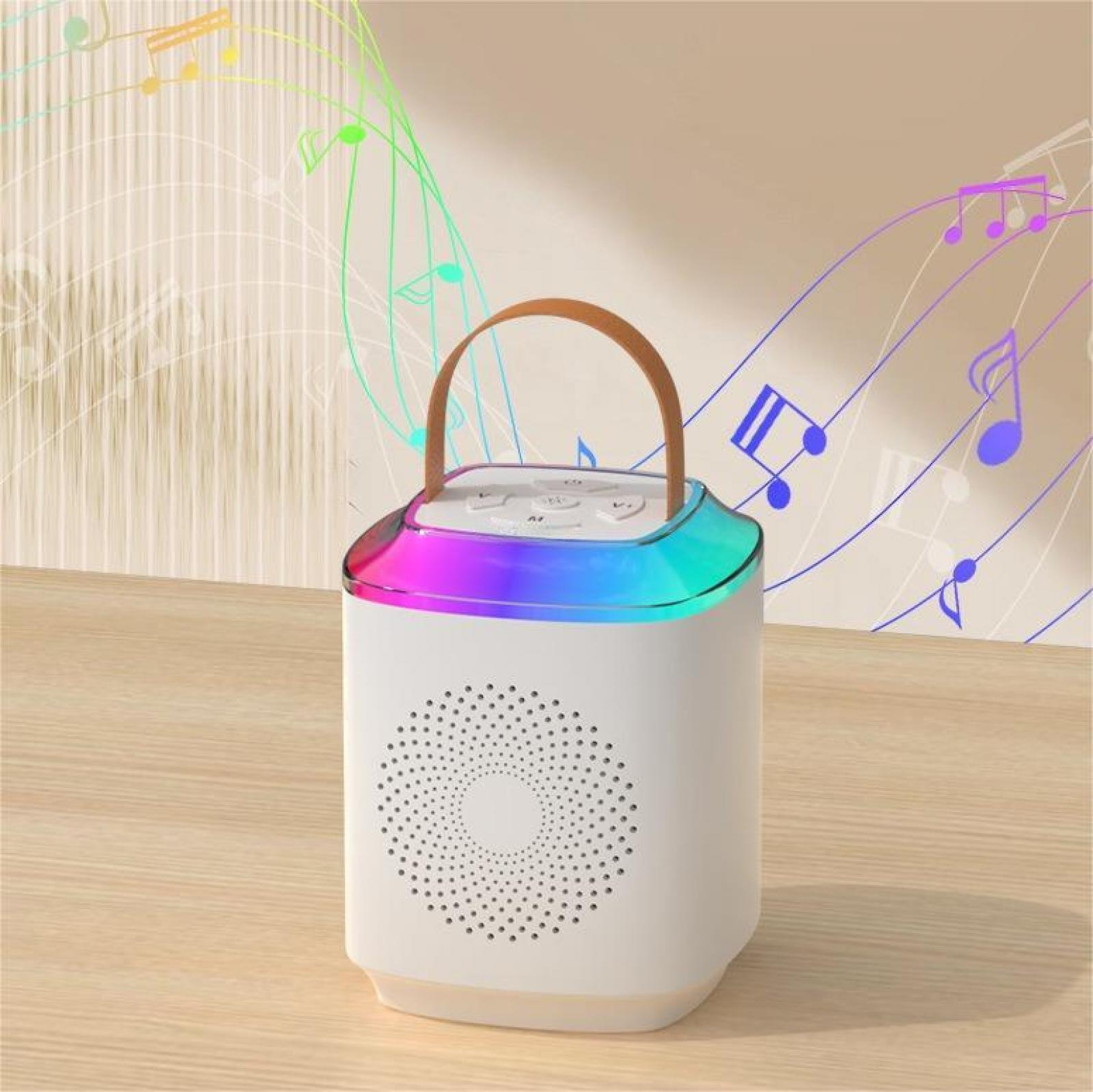Weißer Lautsprecher mit Regenbogenlicht, braunem Griff und Punktmuster. Noten im Hintergrund.