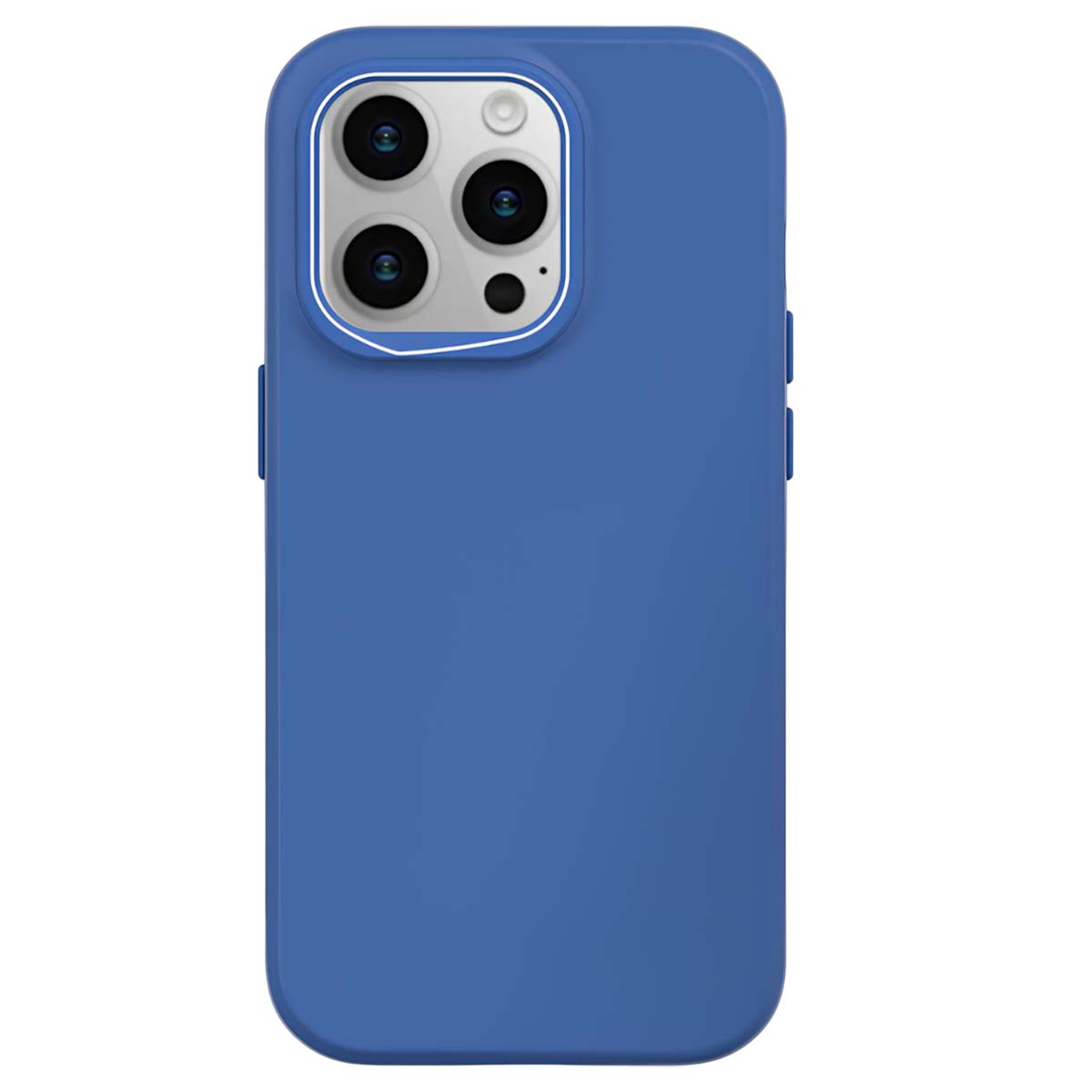 Viene mostrata una custodia blu per telefono, con un modulo fotocamera con più lenti. La custodia ha una finitura liscia e opaca.
