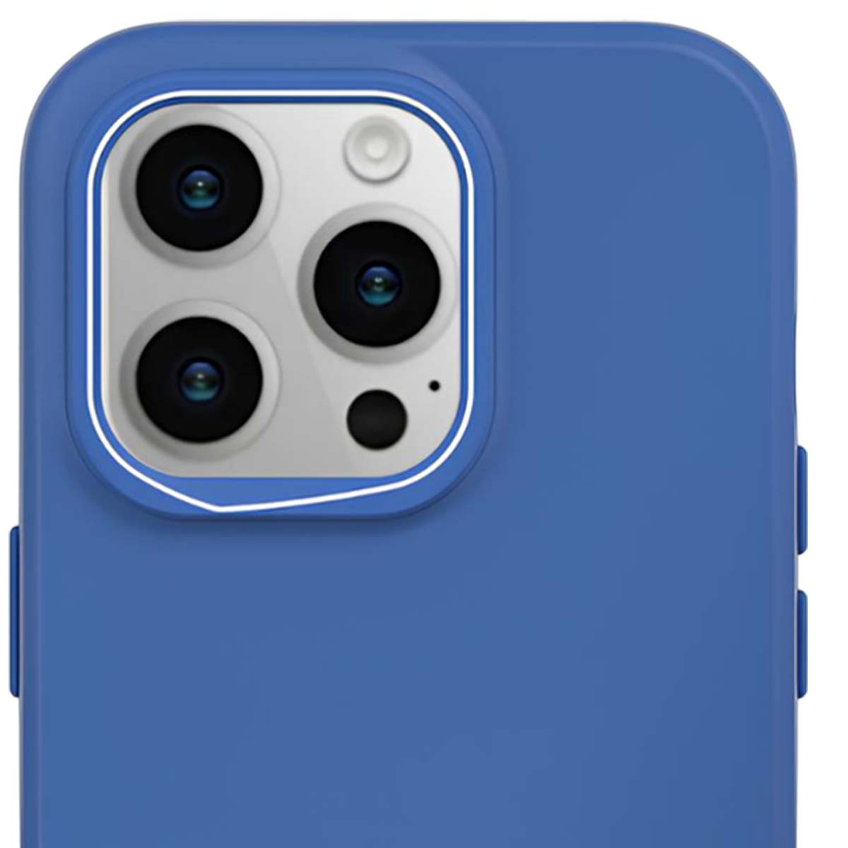 Primo piano di una custodia blu per telefono con lenti della fotocamera. La custodia ha un bordo bianco attorno all'area della fotocamera.