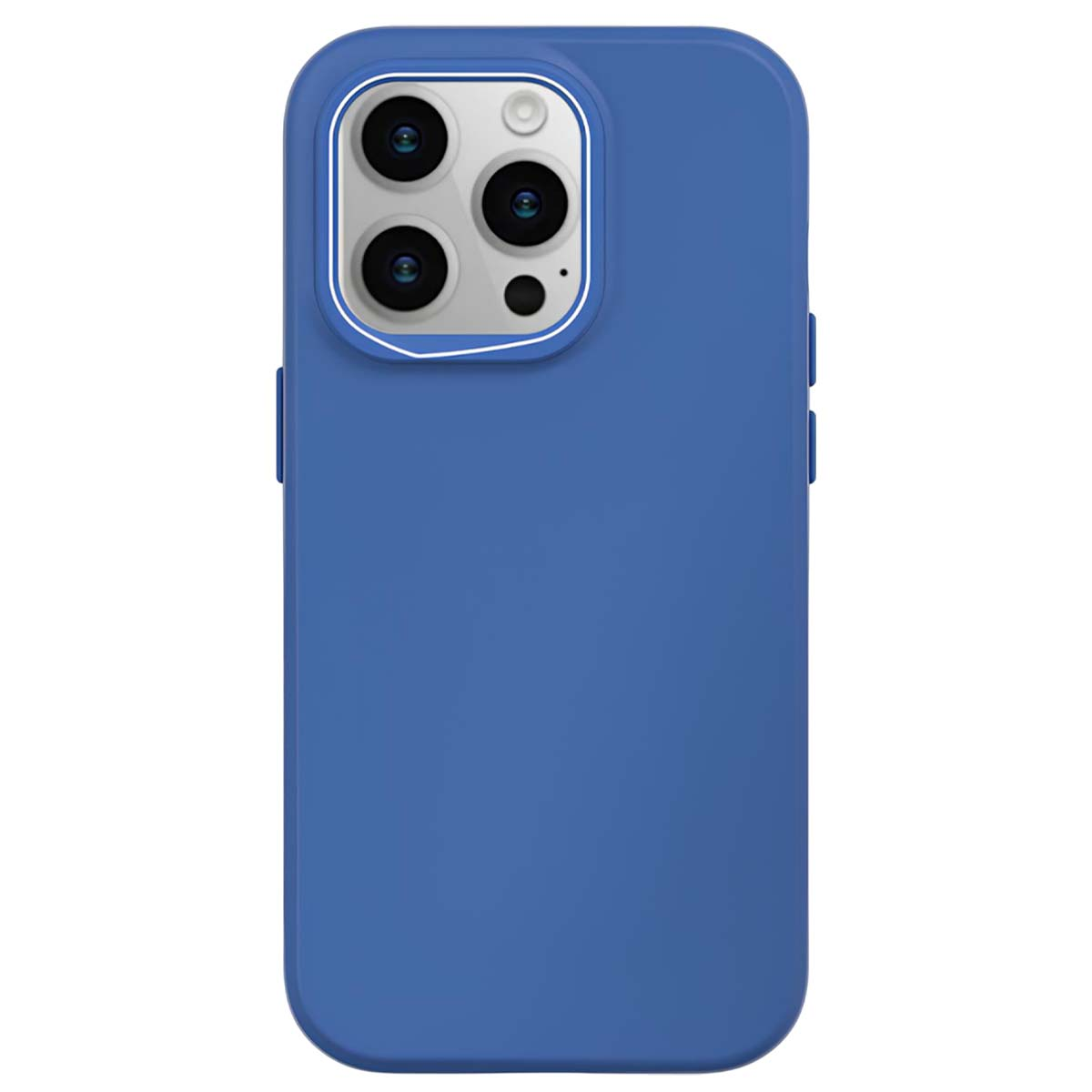 Custodia blu per telefono con più ritagli per fotocamera, con bordo fotocamera bianco e pulsanti laterali.