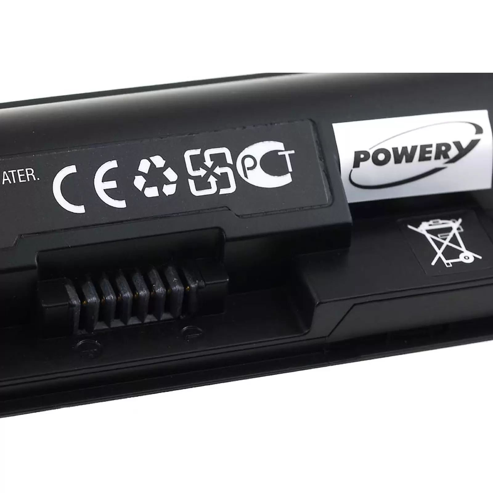 Schwarzer Laptop-Akku mit weißen Symbolen und der Marke 'Powery'. Mit Anschluss und Sicherheitskennzeichnungen.