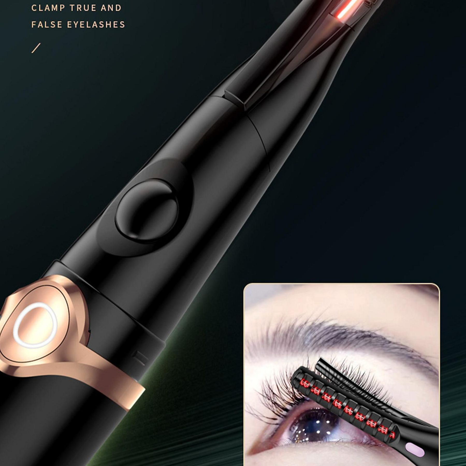 Schwarzer Wimpernformer mit einem Auge einer Frau in der Ecke. Der Former hat ein Gold- und Schwarz-Design.