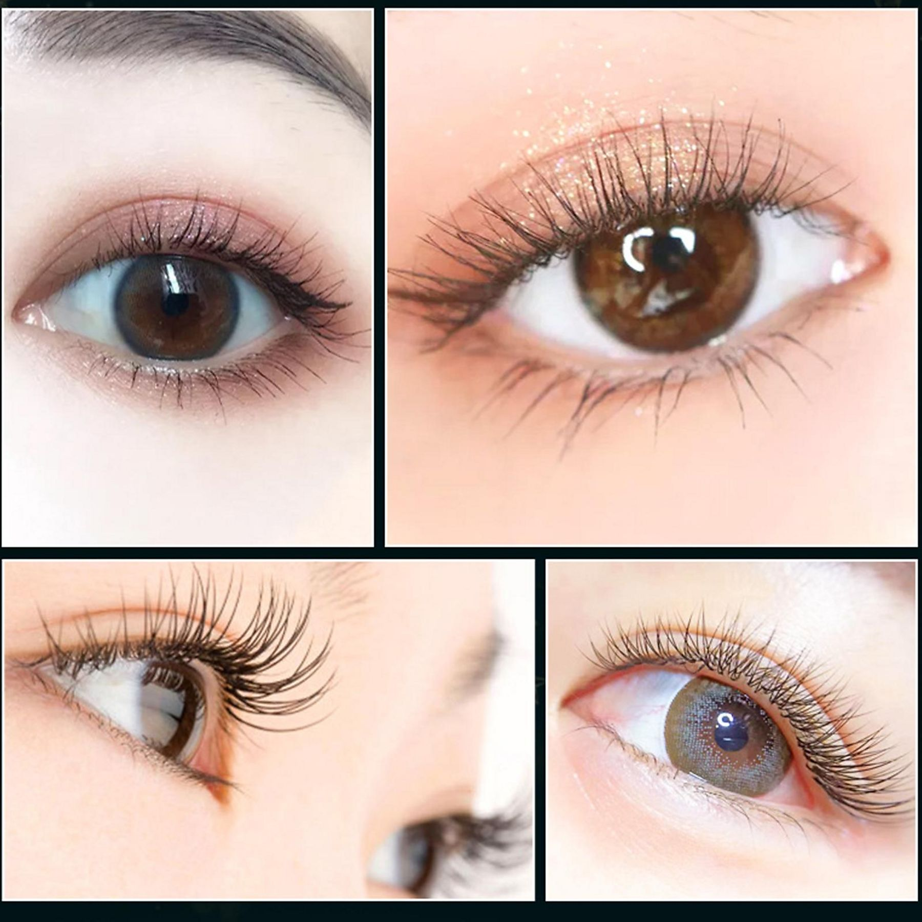 Nahaufnahme von Augen mit Make-up. Braune Augen sind im Fokus, mit langen, dunklen Wimpern und Lidschatten. Haut ist hell.