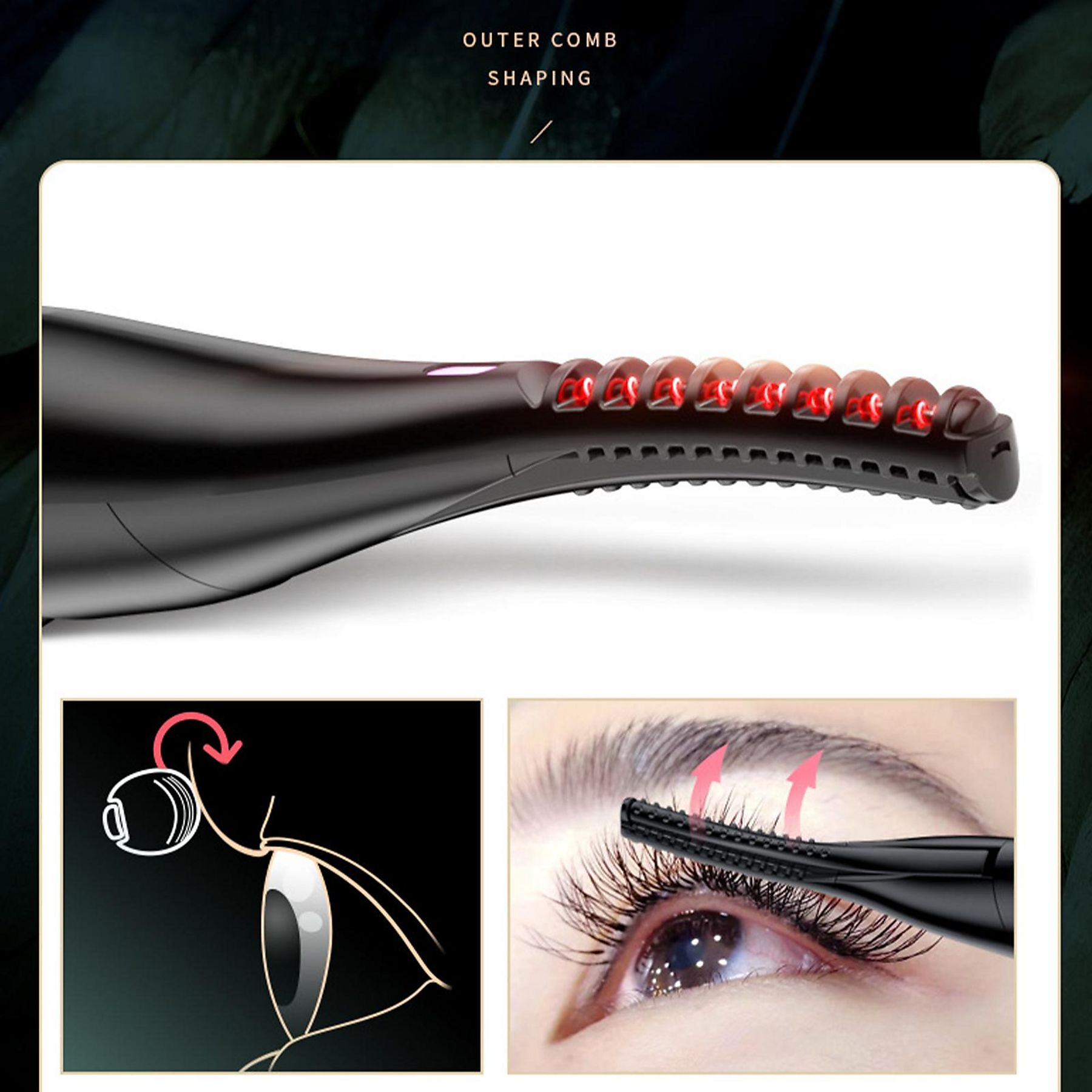 Ein Wimpernformer mit roten Lichtern. Diagramme zeigen die Verwendung. Ein Auge hat den Former auf den Wimpern. Dunkler Hintergrund.