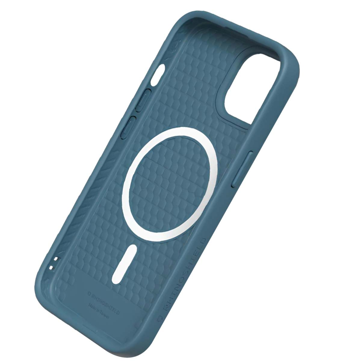 Custodia blu per telefono con design circolare bianco e superficie testurizzata. La custodia ha aperture per pulsanti e fotocamera.
