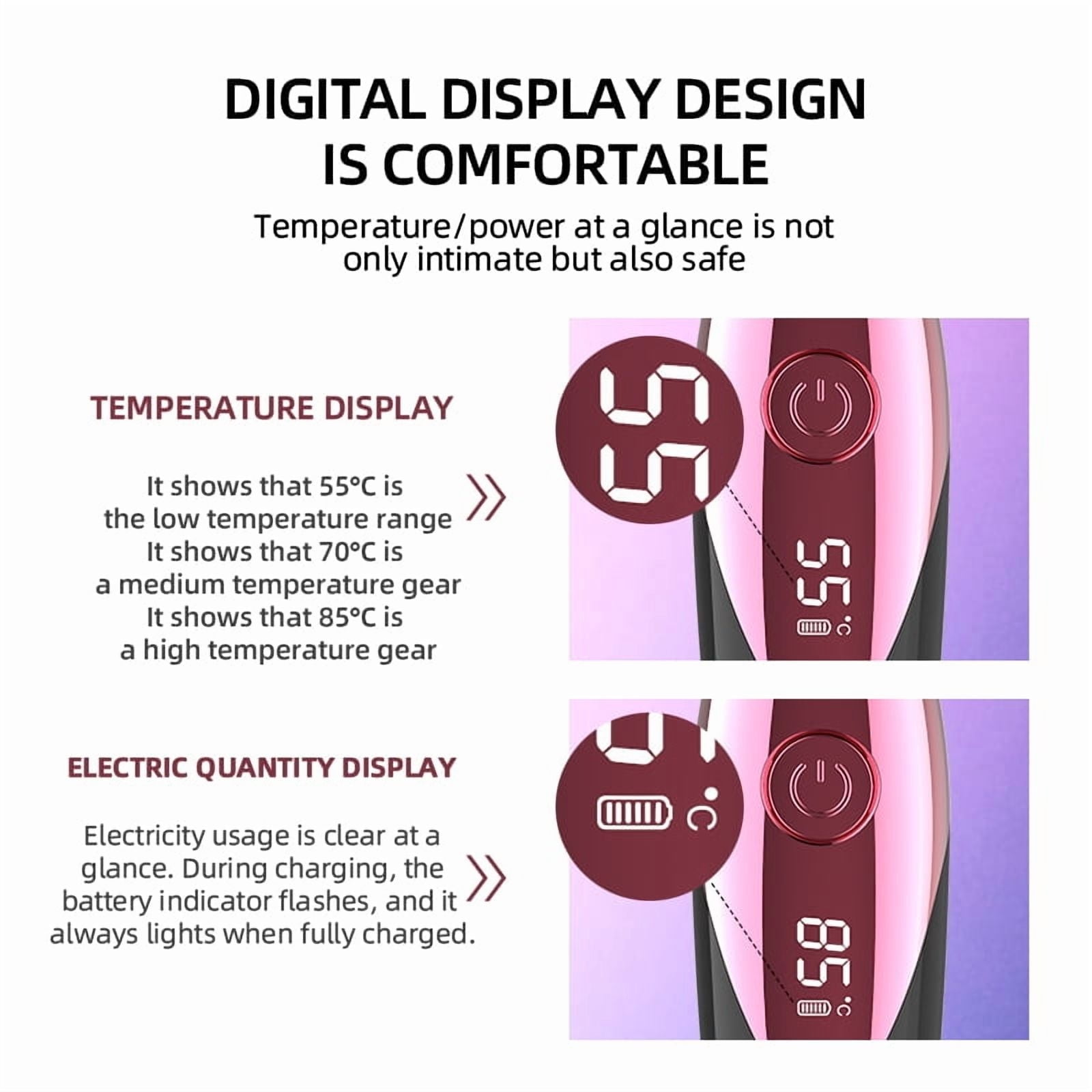 Digitale Anzeige mit Temperatur: 55°C und 85°C. Zeigt auch den Batteriestand an. Text erklärt die Anzeigefunktionen.