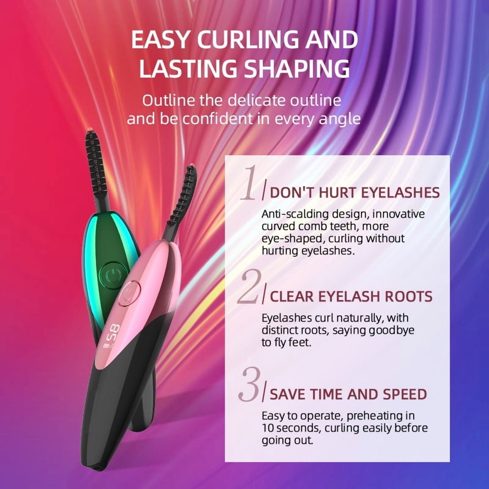 Zwei Wimpernzangen, eine grün, eine rosa. Text: Einfaches Curling und dauerhafte Formgebung, verletzen Sie die Wimpern nicht.