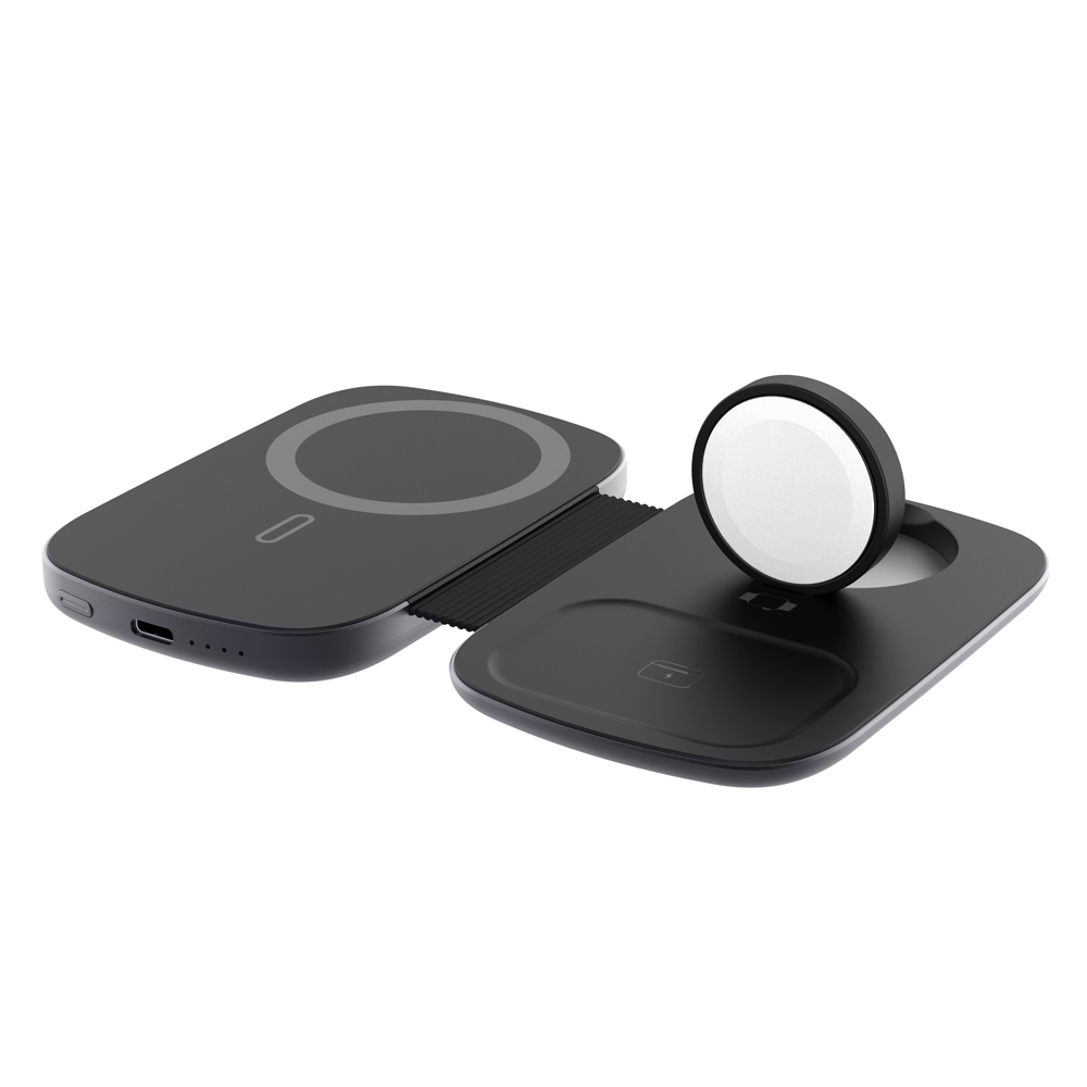 Eine schwarze kabellose Ladestation. Sie hat ein Pad für ein Telefon und einen Ständer für eine Smartwatch. Der Hintergrund ist weiß.