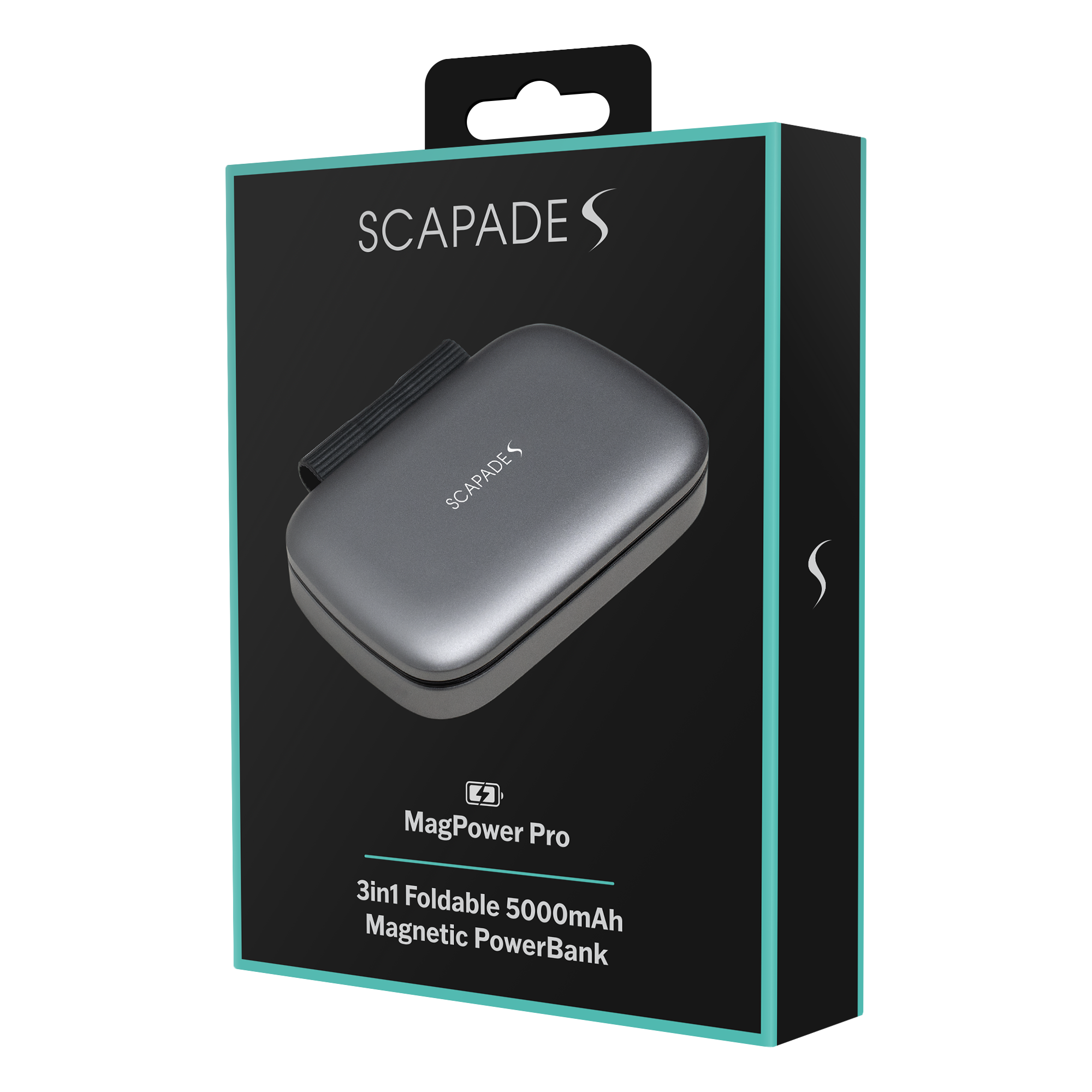 Schachtel von Scapade MagPower Pro. Eine graue, faltbare, magnetische Powerbank wird auf der Schachtel gezeigt.