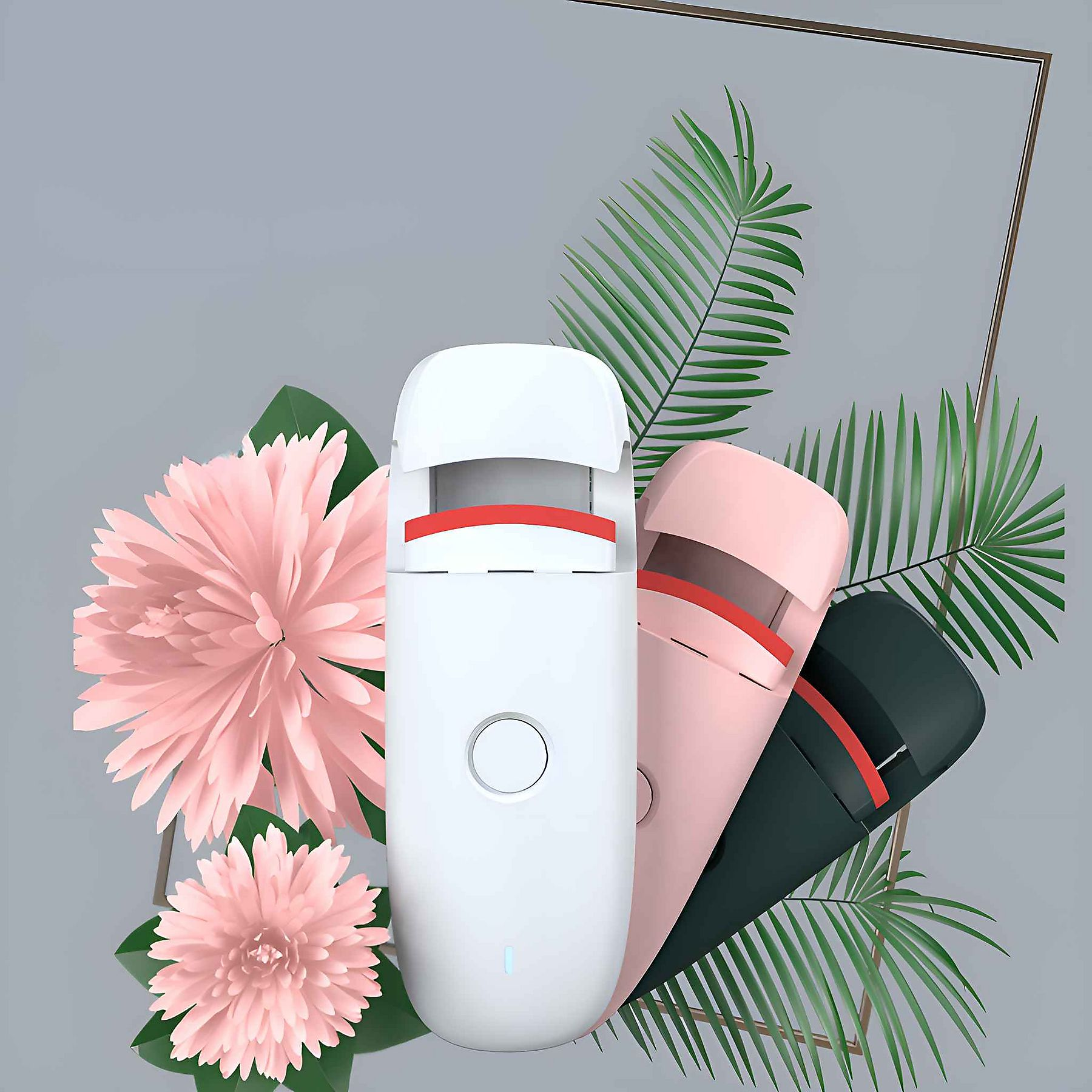 Drei Wimpernzangen: weiß, rosa und dunkelgrün. Rosa Blumen und grüne Blätter schmücken den Hintergrund.