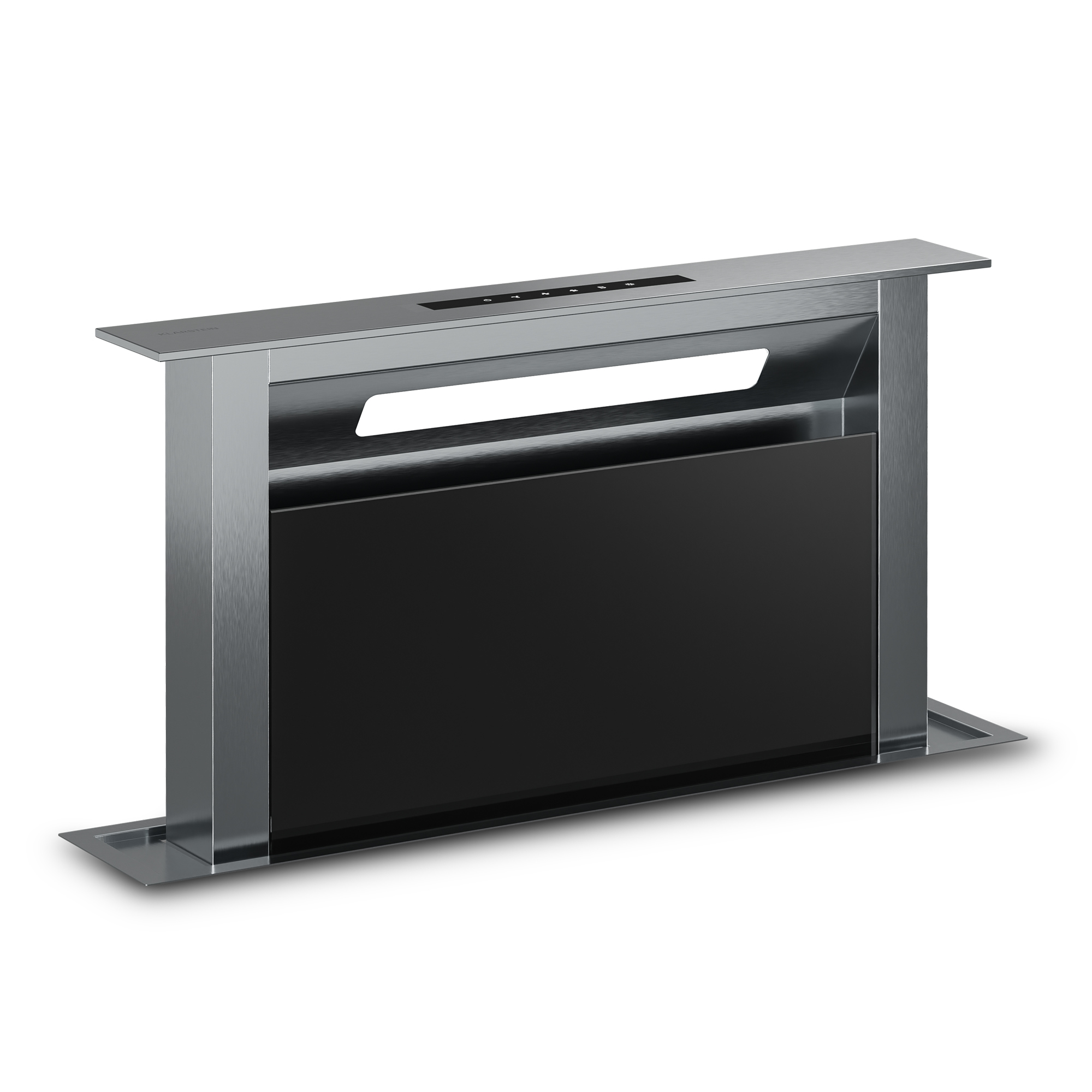 Cappa in acciaio inox, frontale in vetro nero, pannello comandi in alto. Sfondo bianco.