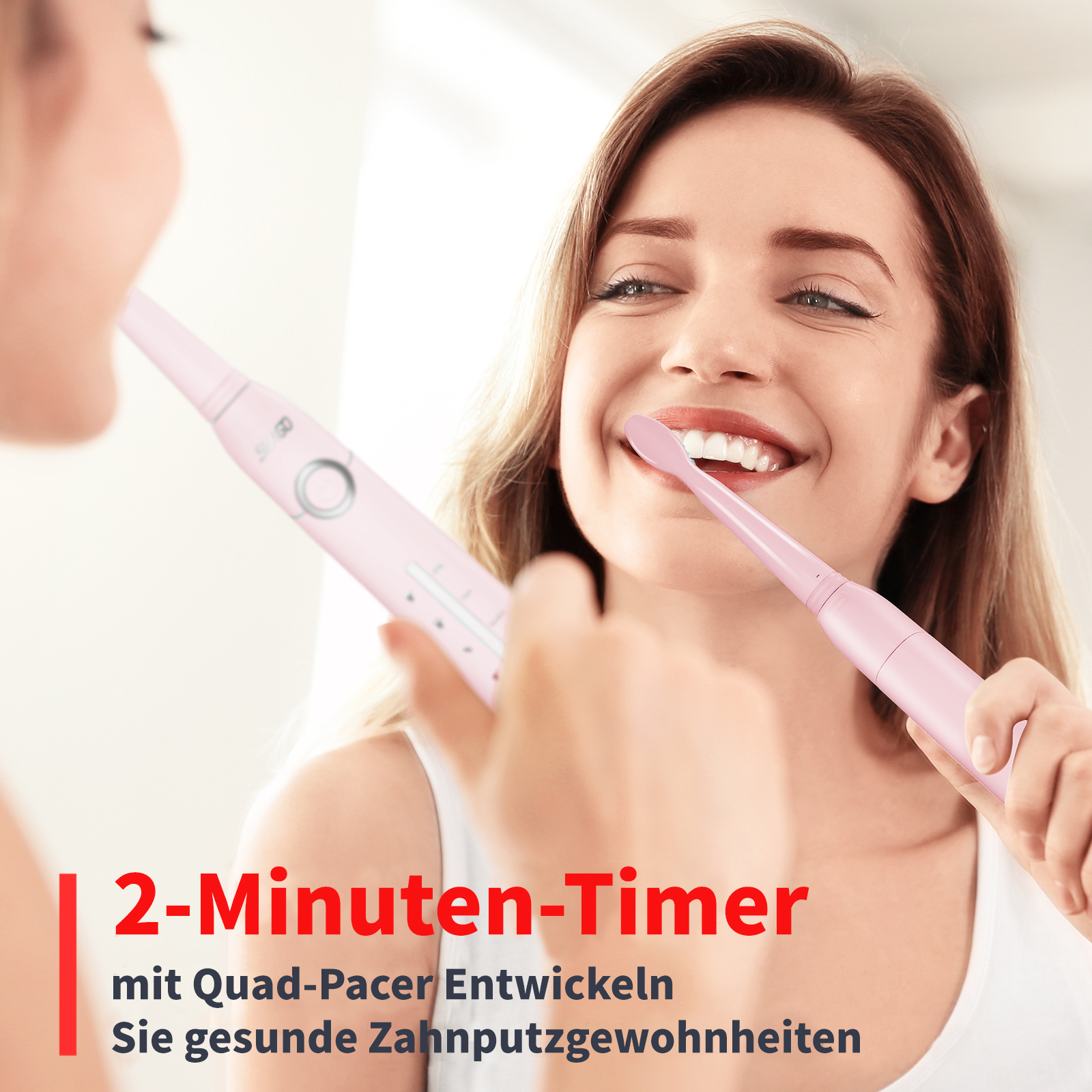 Eine Frau putzt sich mit einer rosa elektrischen Zahnbürste die Zähne und lächelt. Der Text unten lautet '2-Minuten-Timer'.