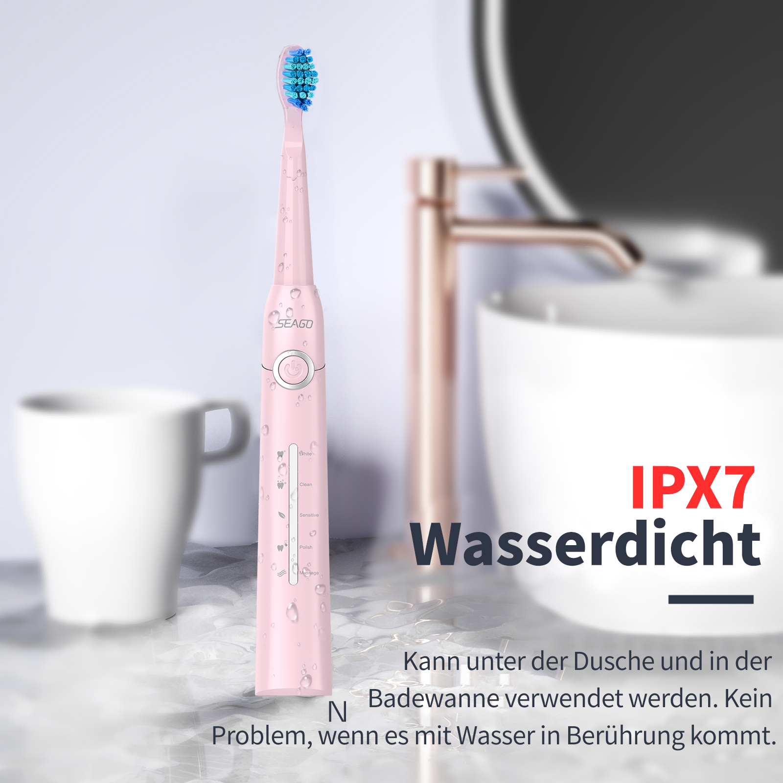 Rosa elektrische Zahnbürste mit blauen Borsten, Tröpfchen und Produktdetails. Text: IPX7 Wasserdicht.
