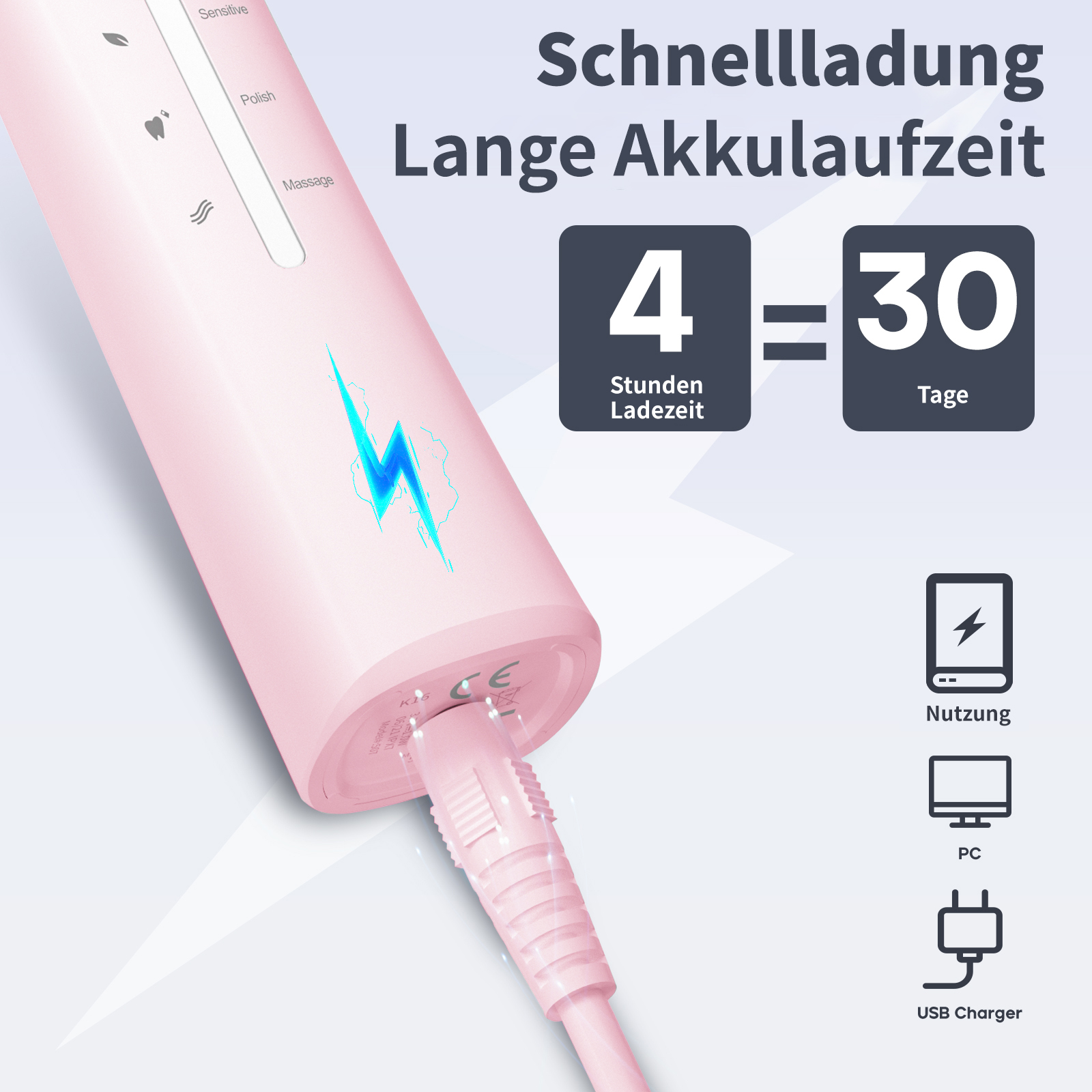 Eine rosa elektrische Zahnbürste mit Ladekabel. Text: 4 Stunden Laden = 30 Tage Nutzung.