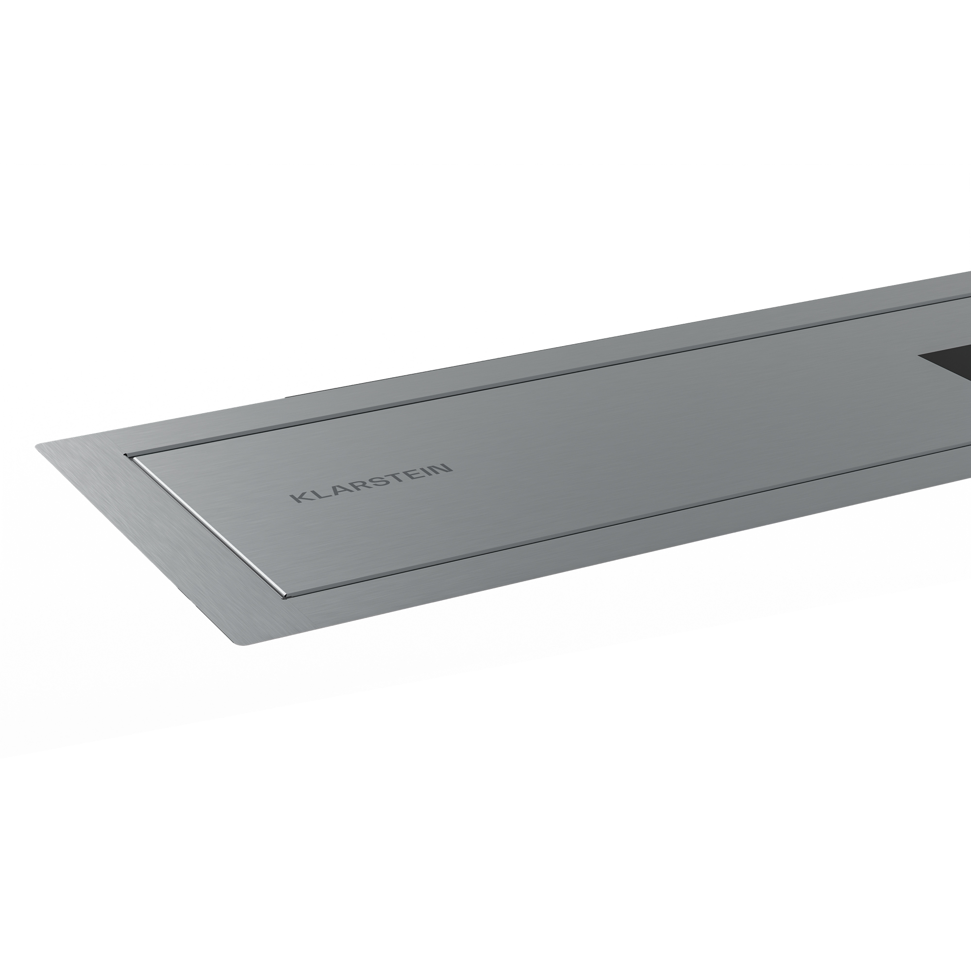 Un dispositivo rettangolare grigio metallizzato, con marchio 'KLARSTEIN' in alto, con un elemento nero a destra. Su sfondo bianco.