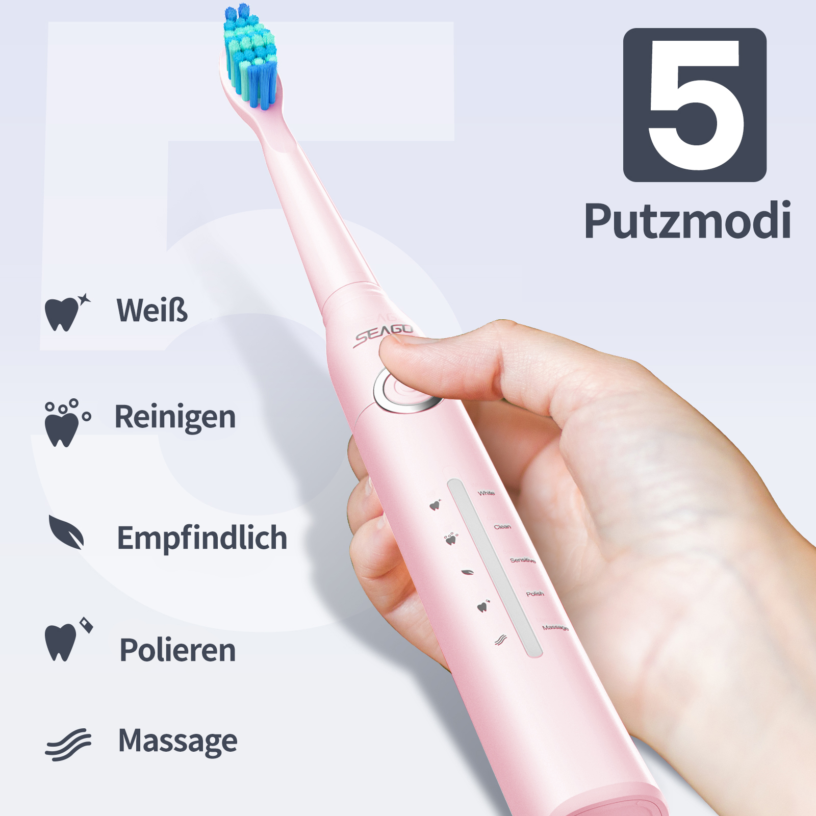 Eine rosa elektrische Zahnbürste mit einer Hand, die einen Knopf drückt. Funktionen umfassen Weiß, Reinigen, Empfindlich, Polieren und Massage.