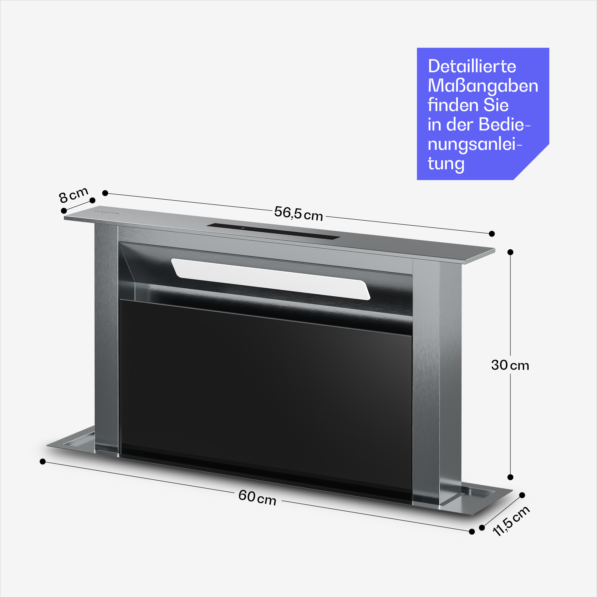 Cappa in acciaio inox con frontale in vetro nero. Dimensioni: 60 cm, 56,5 cm, 30 cm, 11,5 cm e 8 cm.