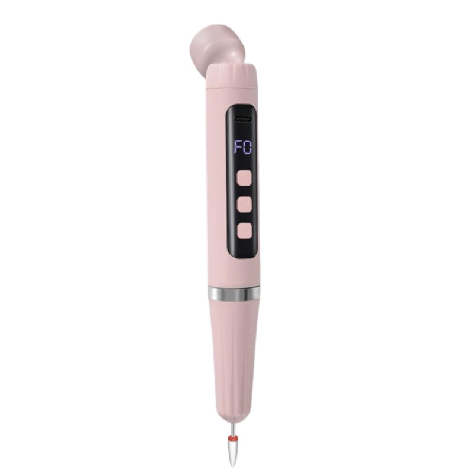 Ein rosa Nagelfräser mit gebogener Oberseite, digitaler Anzeige und Bohrer unten.