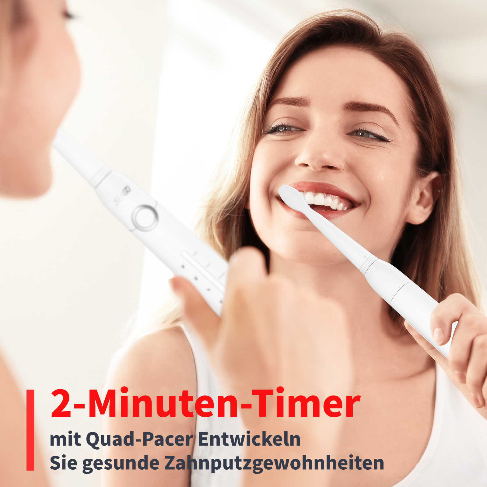 Eine Frau putzt sich mit einer weißen elektrischen Zahnbürste die Zähne. Text zeigt einen 2-Minuten-Timer an.