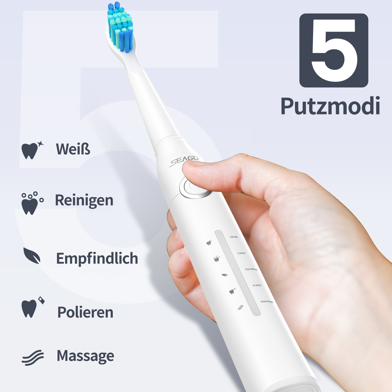 Eine weiße elektrische Zahnbürste mit blau-grünen Borsten wird von einer Hand gehalten. Sie hat verschiedene Reinigungsmodi.