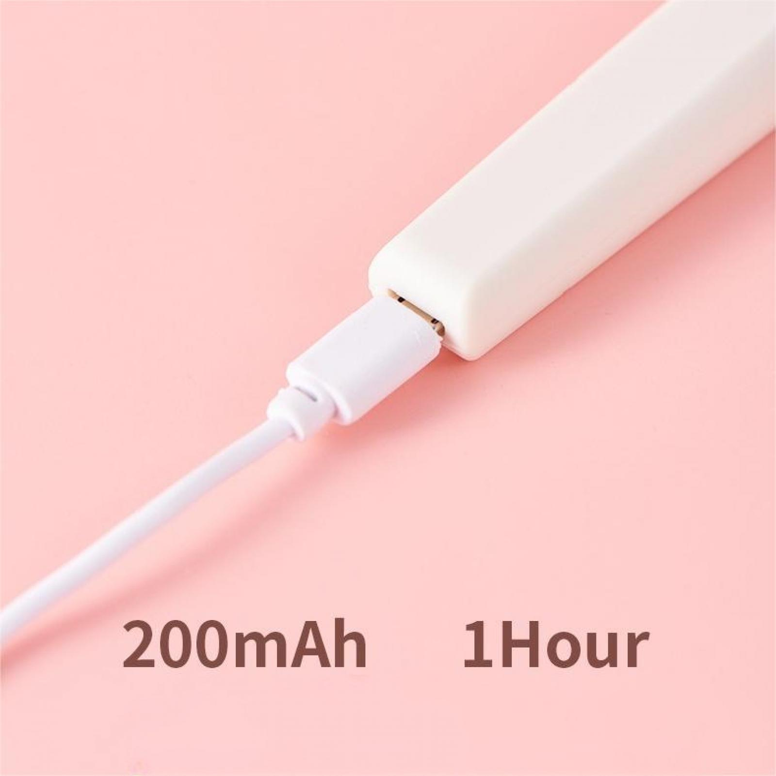 Ein weißes Gerät, das über ein USB-Kabel mit einem rosa Hintergrund verbunden ist. Text lautet 200mAh und 1 Stunde.