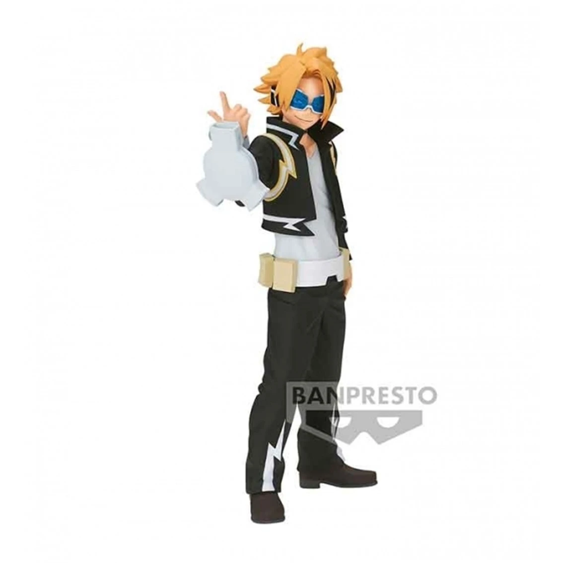 Figura de anime de un hombre rubio con chaqueta y pantalones negros, gafas azules. Está haciendo la señal de la paz.