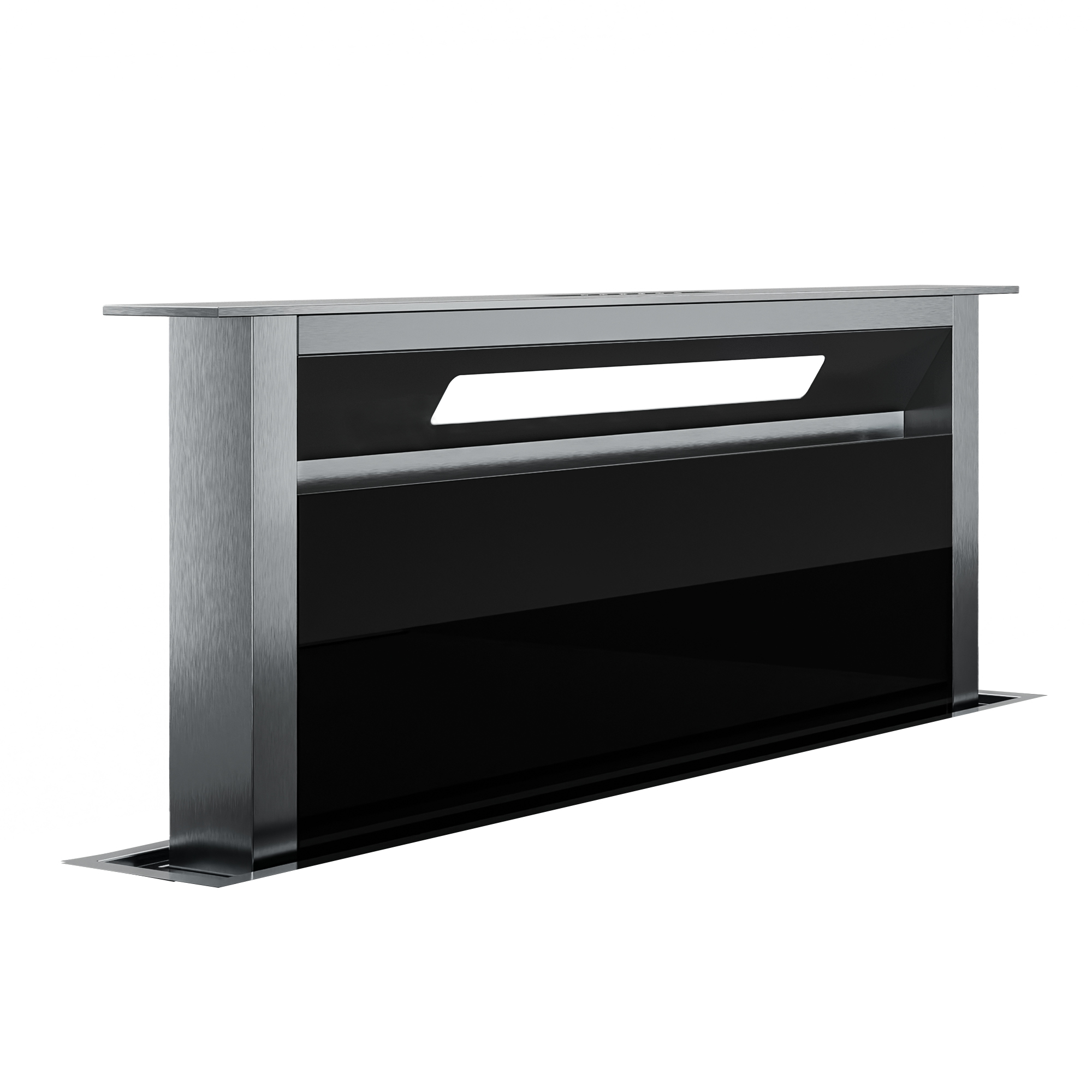 Cappa in acciaio inox con pannello frontale in vetro nero. Rettangolare con apertura luce bianca.