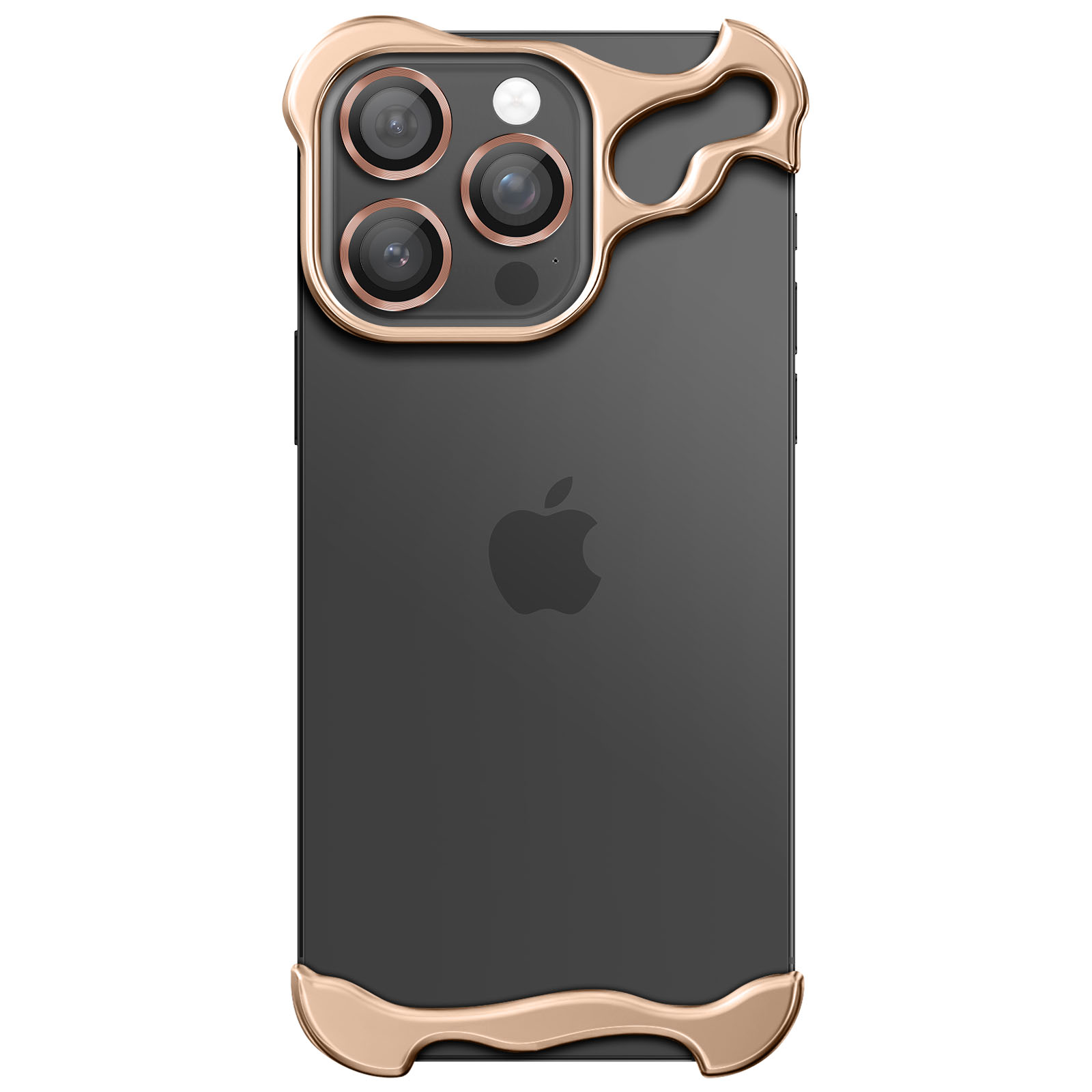 Dunkelgraues Telefon mit goldener Hülle. Die Hülle hat ein einzigartiges Design um Kamera und Ränder. Apple-Logo sichtbar.
