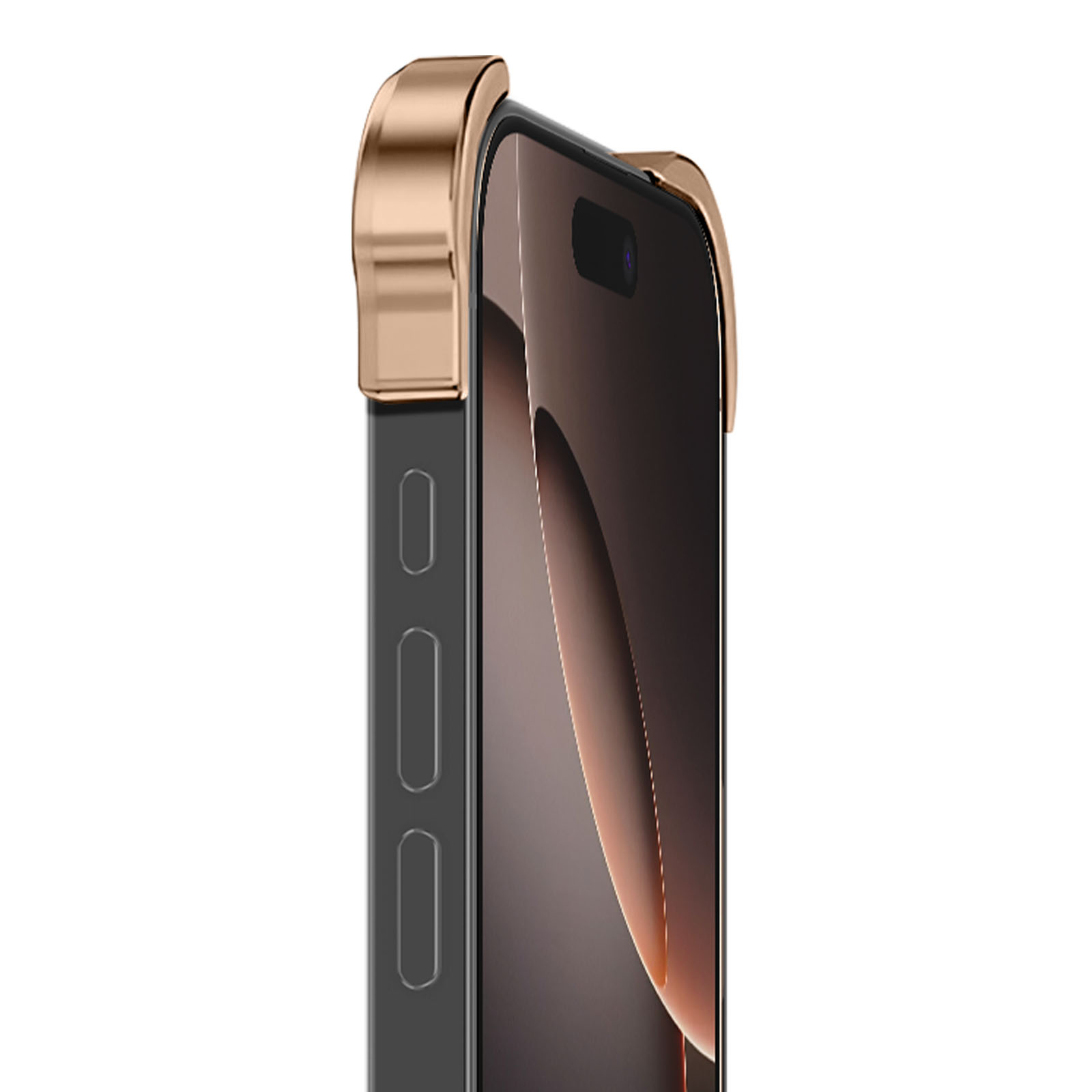 Nahaufnahme eines schwarzen Smartphones mit goldfarbenem Gehäuse. Der Bildschirm zeigt einen Farbverlauf. Knöpfe sind sichtbar.