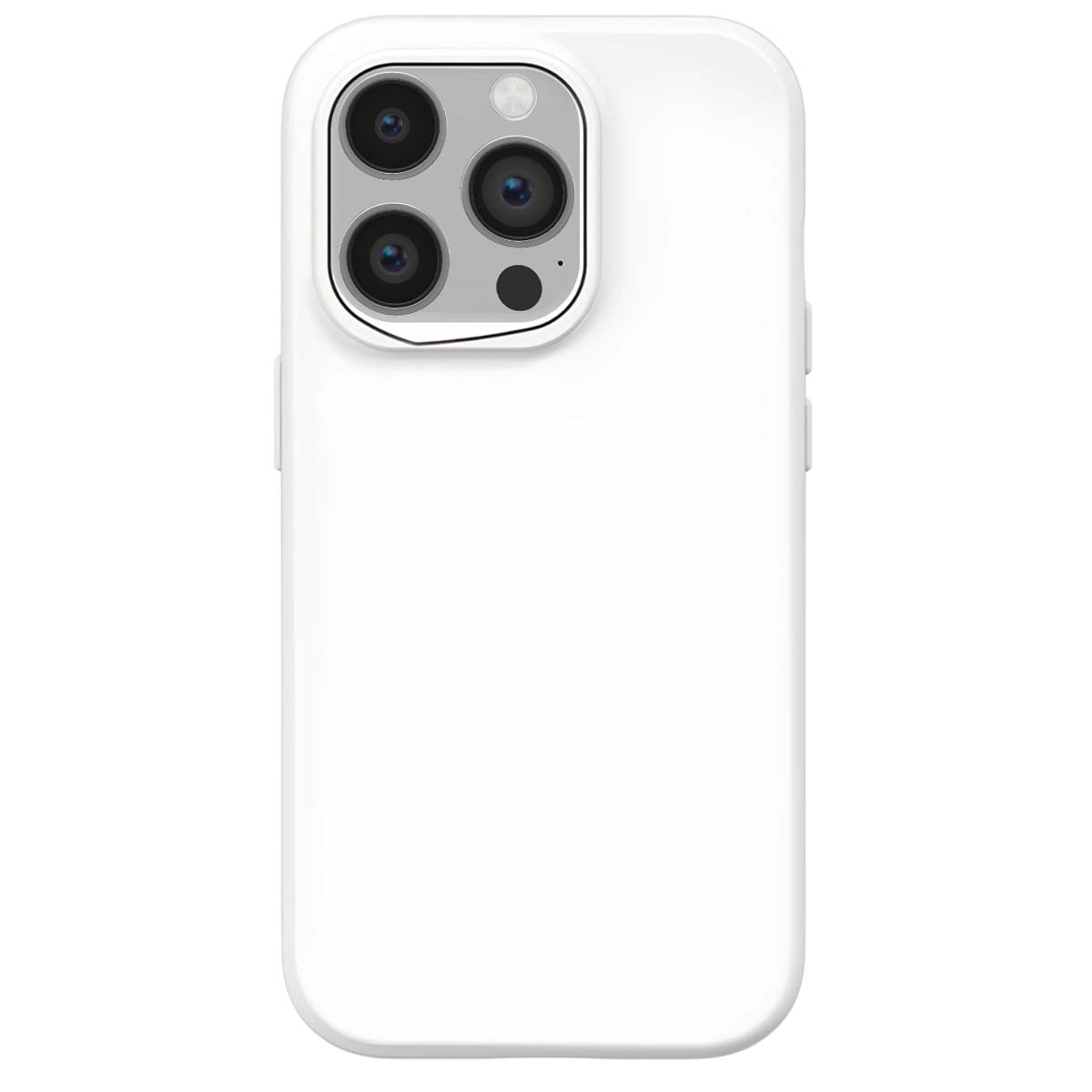 Una custodia bianca per iPhone con un modulo fotocamera a tripla lente. La custodia ha una finitura liscia e lucida ed è pulita. Il modulo fotocamera è nero.