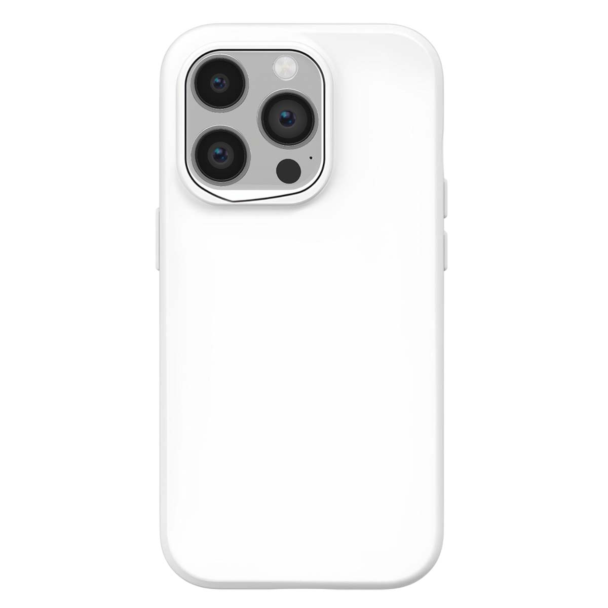 Una custodia bianca per telefono con lenti della fotocamera. La custodia è bianca. Quattro lenti sono visibili in alto a sinistra.
