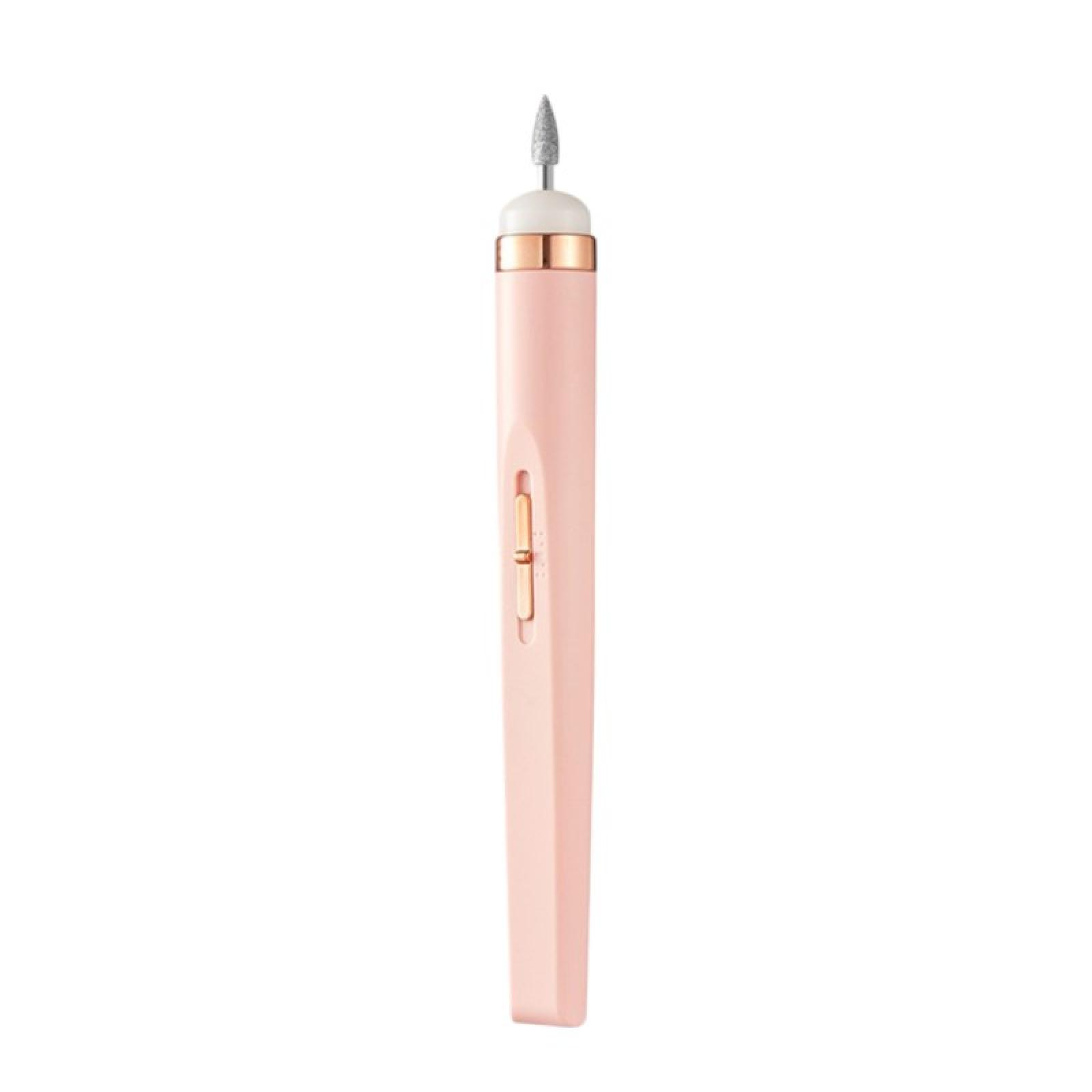 Ein rosa Nagelfräser mit einem silbernen Bohrer. Es hat einen goldfarbenen Akzent und einen weißen Hintergrund.